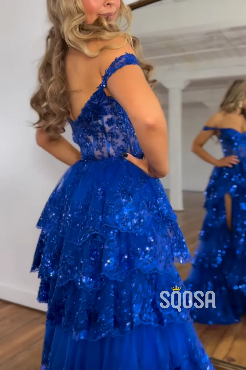 Off-Shoulder A-Line Ball Gown Sequins Long Prom Dress Evening Gowns QP0985