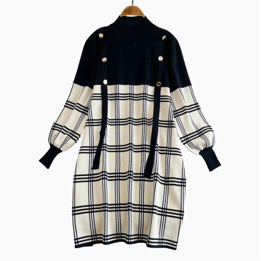 Plaid Knitted Patchwork Drawstring Dress