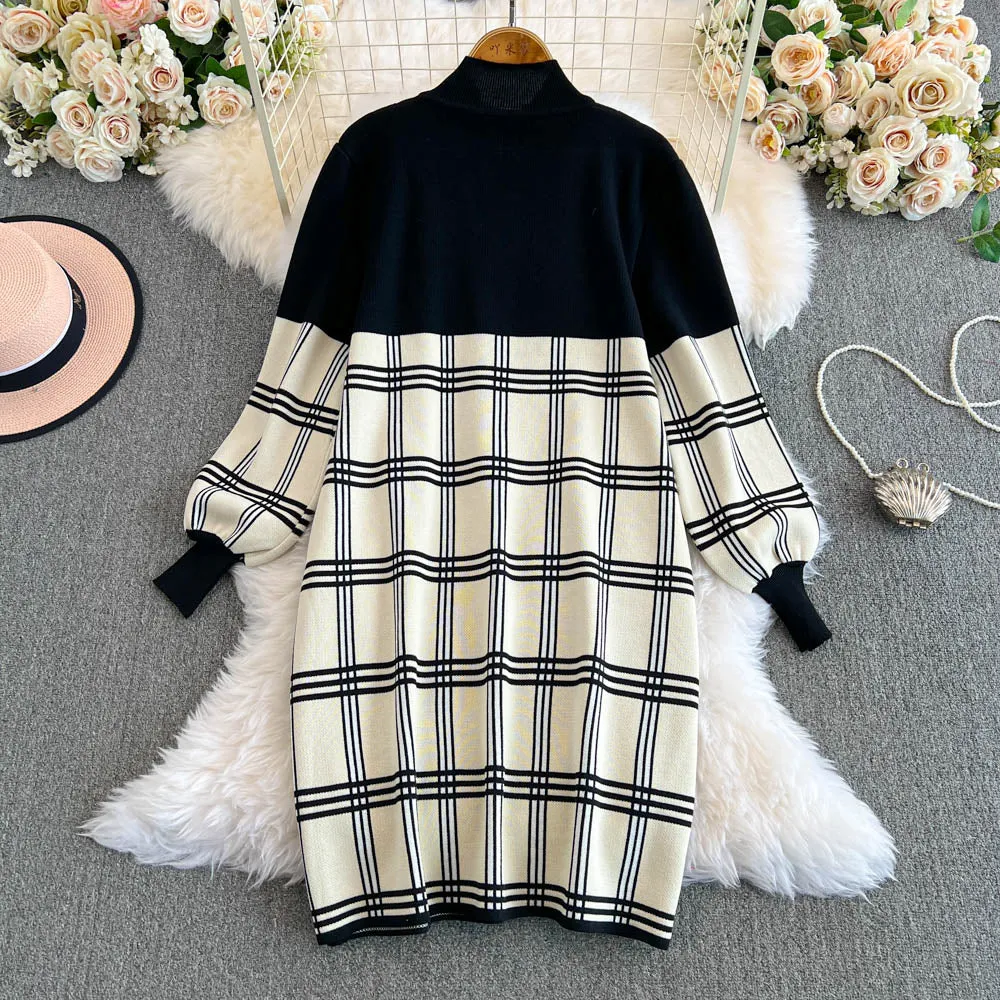 Plaid Knitted Patchwork Drawstring Dress