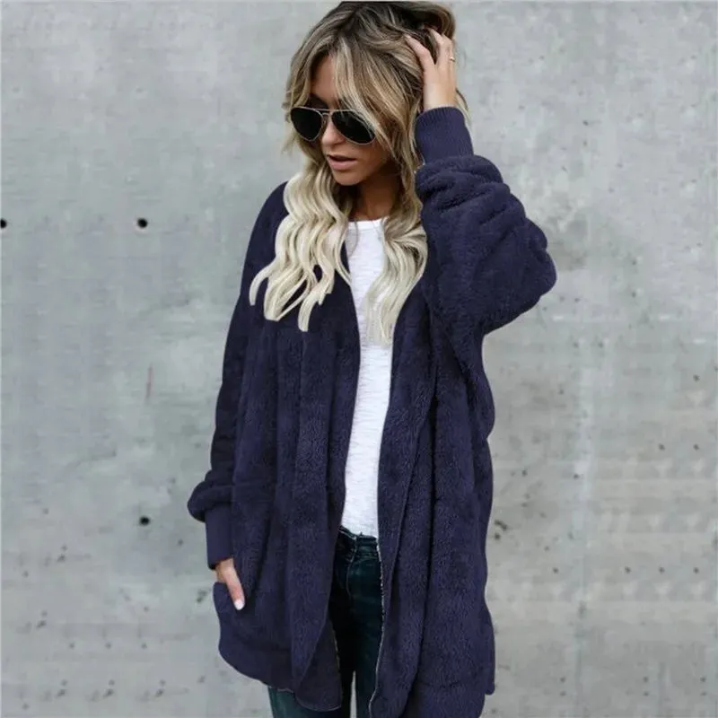 Plush Warm Jacket For Women Faux Fur Oversized Coat Black