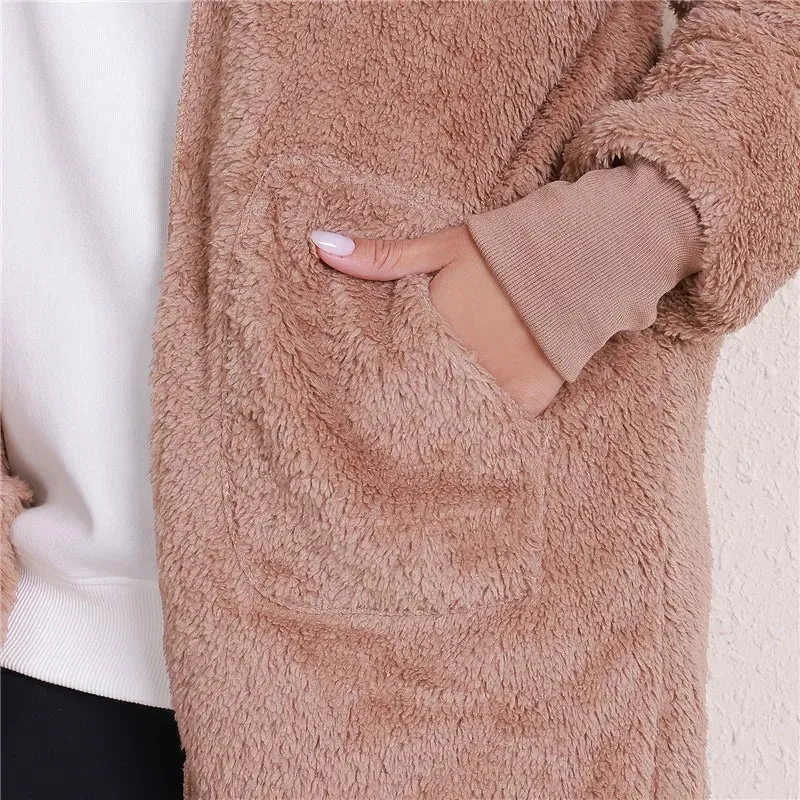 Plush Warm Jacket For Women Faux Fur Oversized Coat Black