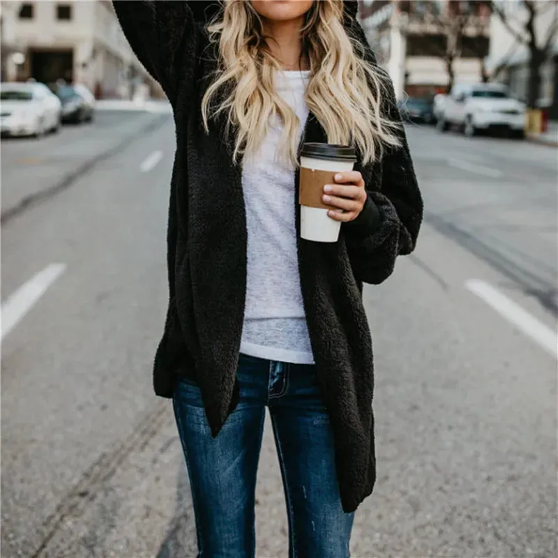 Plush Warm Jacket For Women Faux Fur Oversized Coat Black