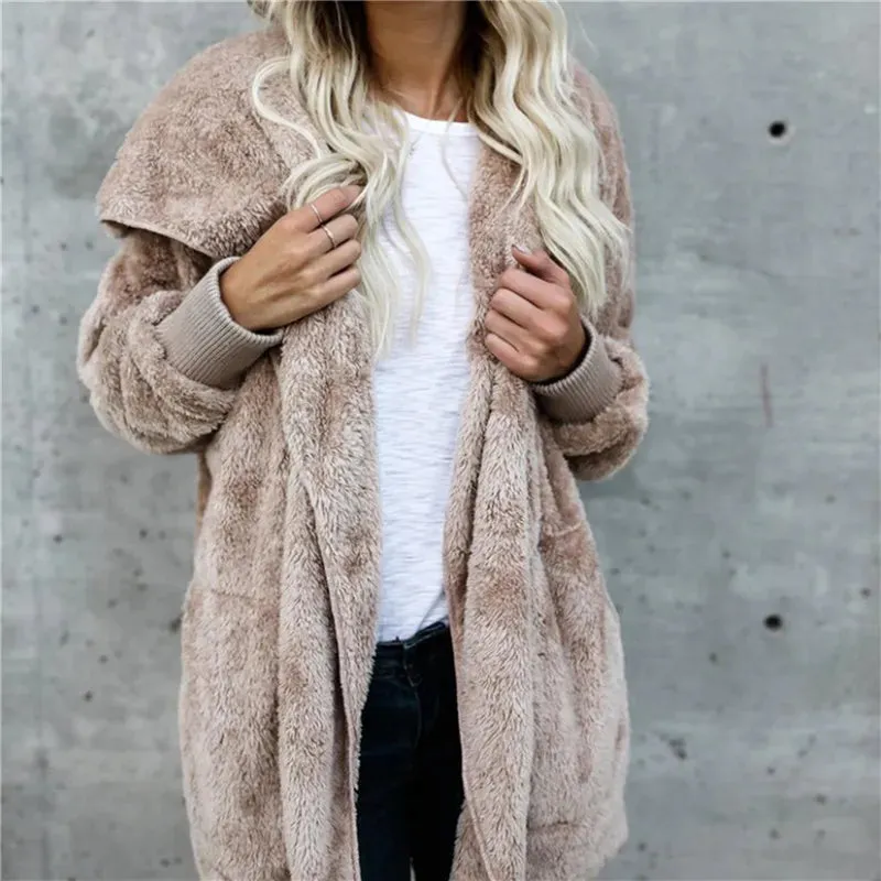 Plush Warm Jacket For Women Faux Fur Oversized Coat Black