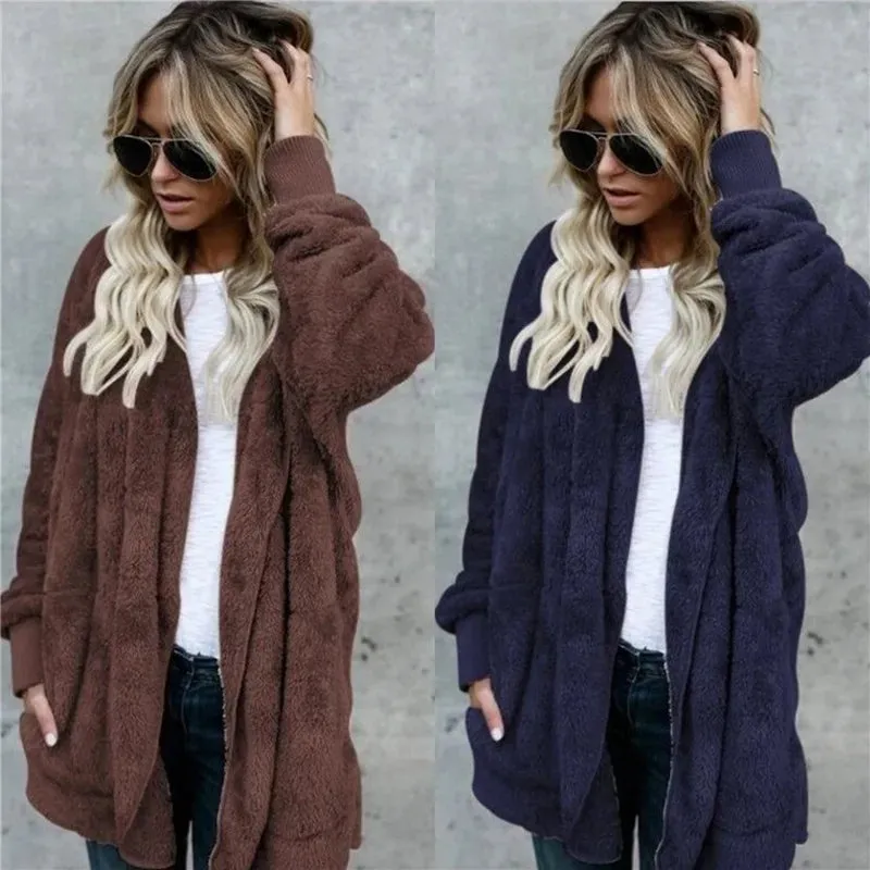 Plush Warm Jacket For Women Faux Fur Oversized Coat Black