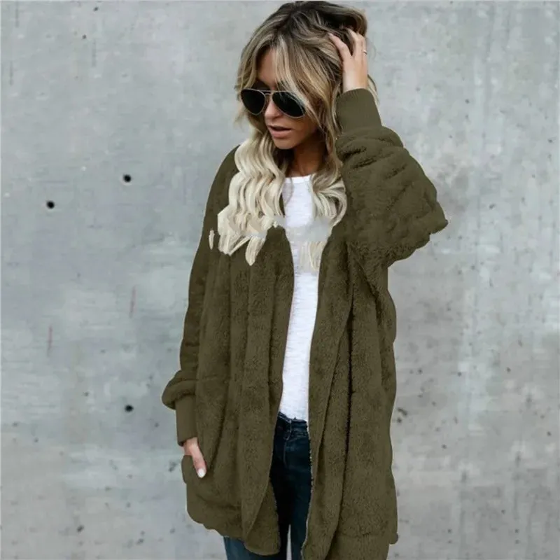 Plush Warm Jacket For Women Faux Fur Oversized Coat Black