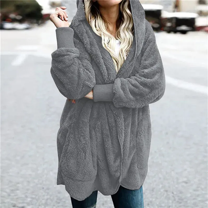 Plush Warm Jacket For Women Faux Fur Oversized Coat Black