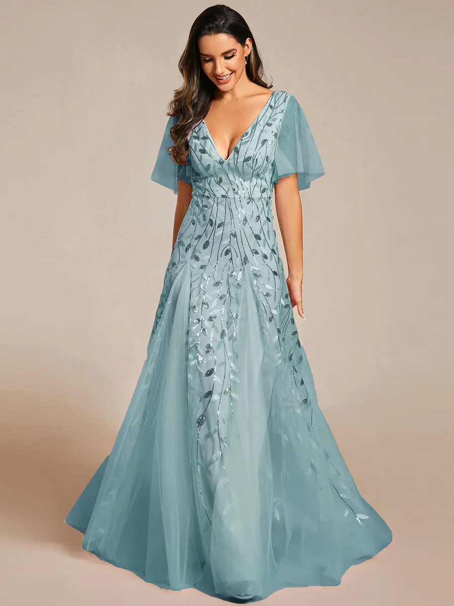 Romantic Shimmery V Neck Ruffle Sleeves Maxi Long Evening Gowns