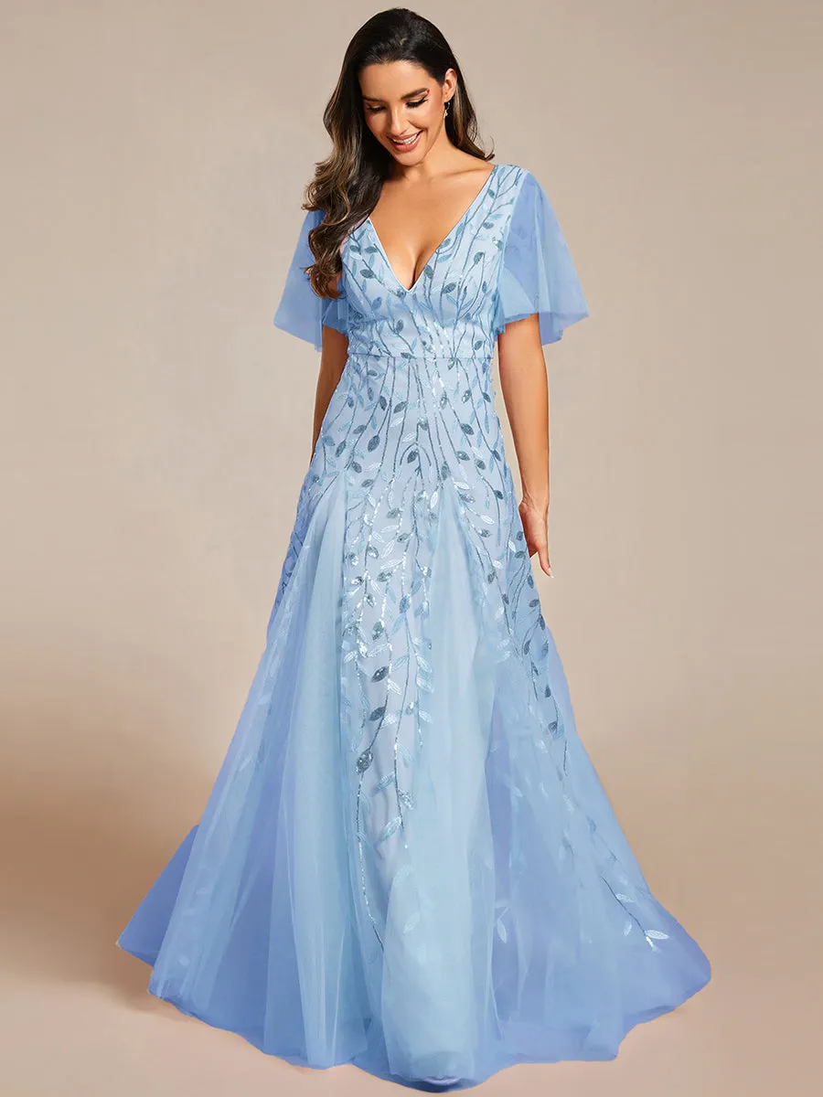 Romantic Shimmery V Neck Ruffle Sleeves Maxi Long Evening Gowns