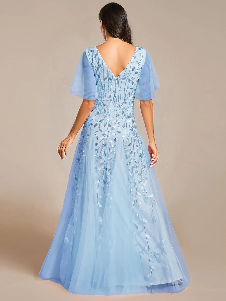 Romantic Shimmery V Neck Ruffle Sleeves Maxi Long Evening Gowns
