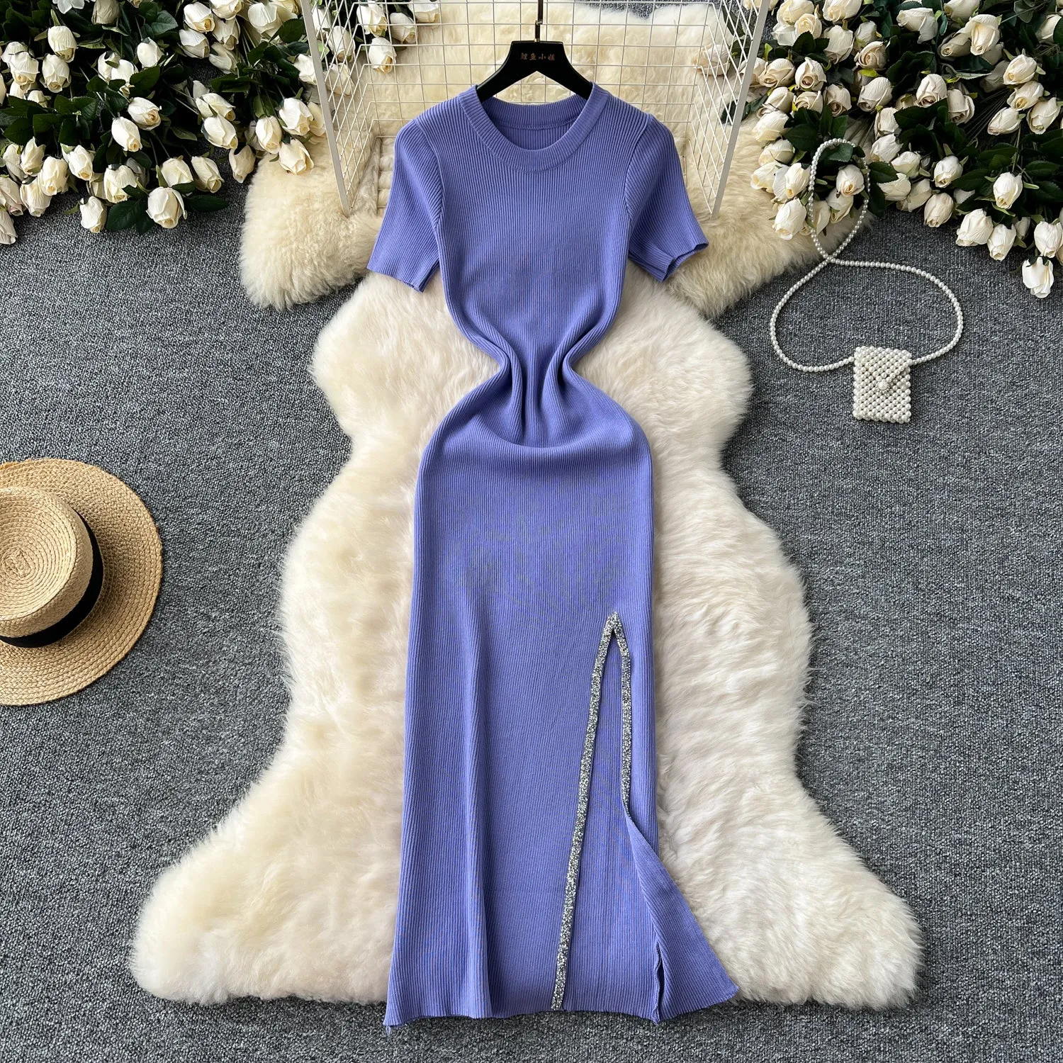 Round Collar Sequined Split Knitted Dress