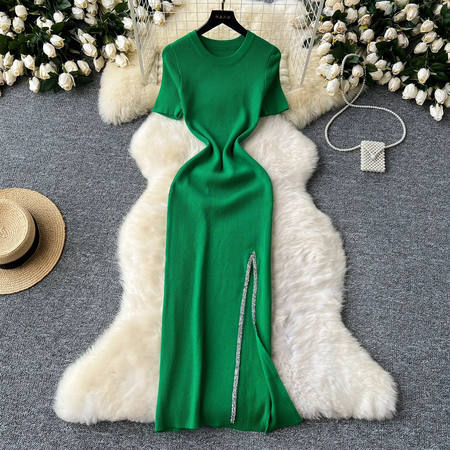 Round Collar Sequined Split Knitted Dress