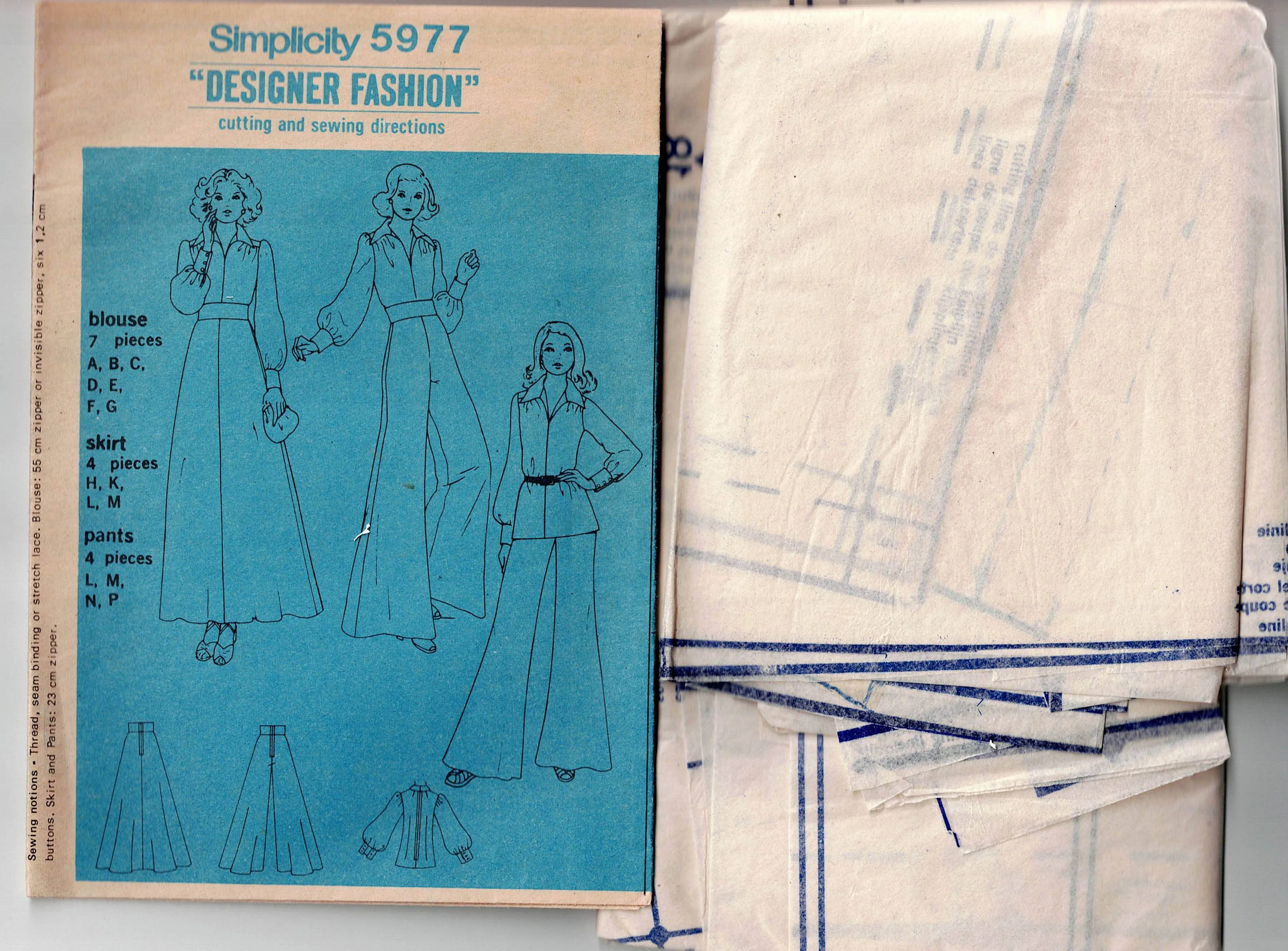 Simplicity 5977 DESIGNER Womens Big Sleeved Wide Collar Blouse High Waisted Maxi Skirt & Super Wide Flared Evening Pants 1970s Vintage Sewing Pattern Size 18 Bust 40 Inches