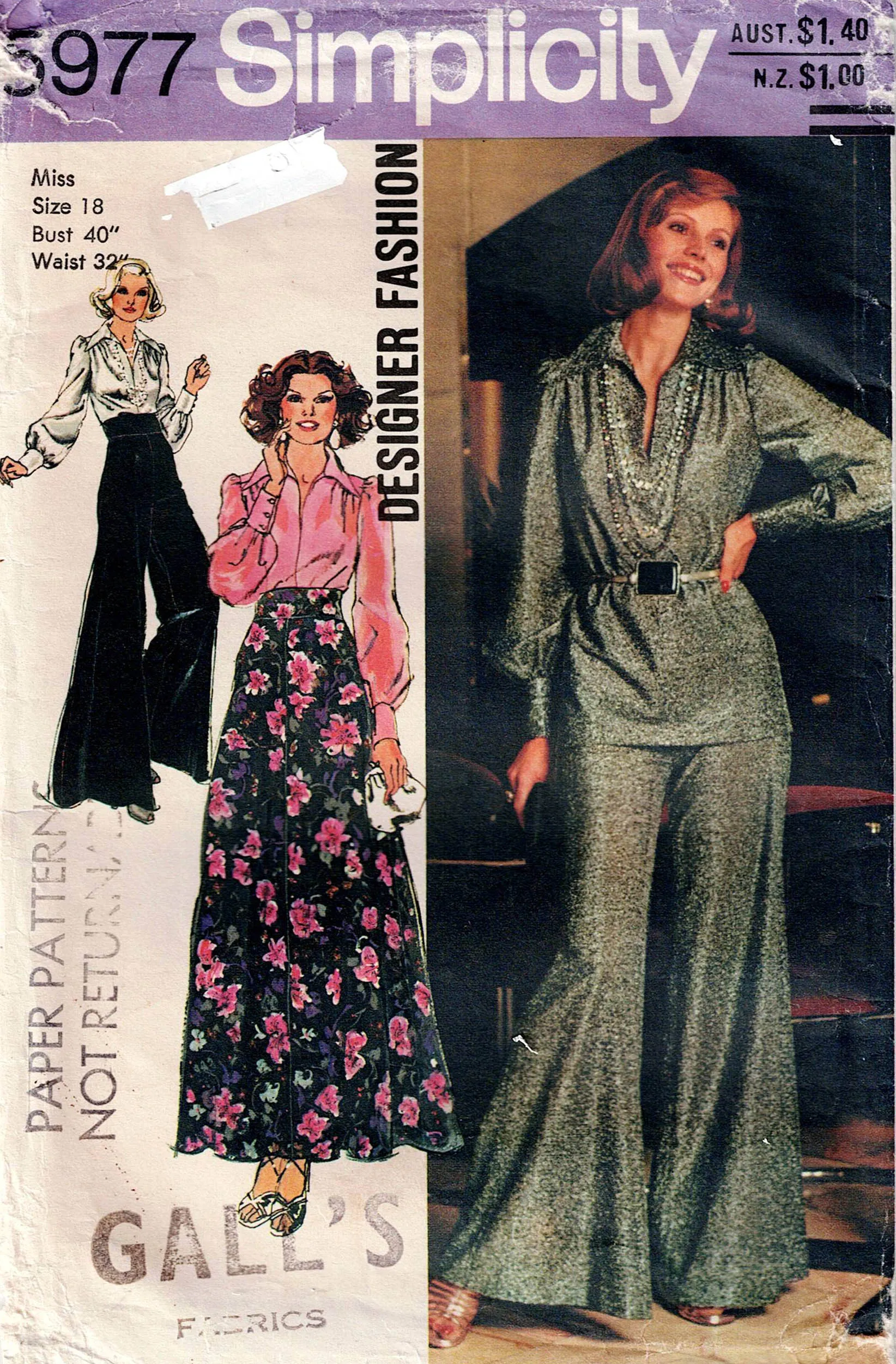 Simplicity 5977 DESIGNER Womens Big Sleeved Wide Collar Blouse High Waisted Maxi Skirt & Super Wide Flared Evening Pants 1970s Vintage Sewing Pattern Size 18 Bust 40 Inches