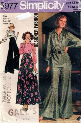 Simplicity 5977 DESIGNER Womens Big Sleeved Wide Collar Blouse High Waisted Maxi Skirt & Super Wide Flared Evening Pants 1970s Vintage Sewing Pattern Size 18 Bust 40 Inches