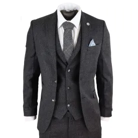 STZ14 - Men's Wool 3 Piece Suit Tweed Charcoal Black Classic