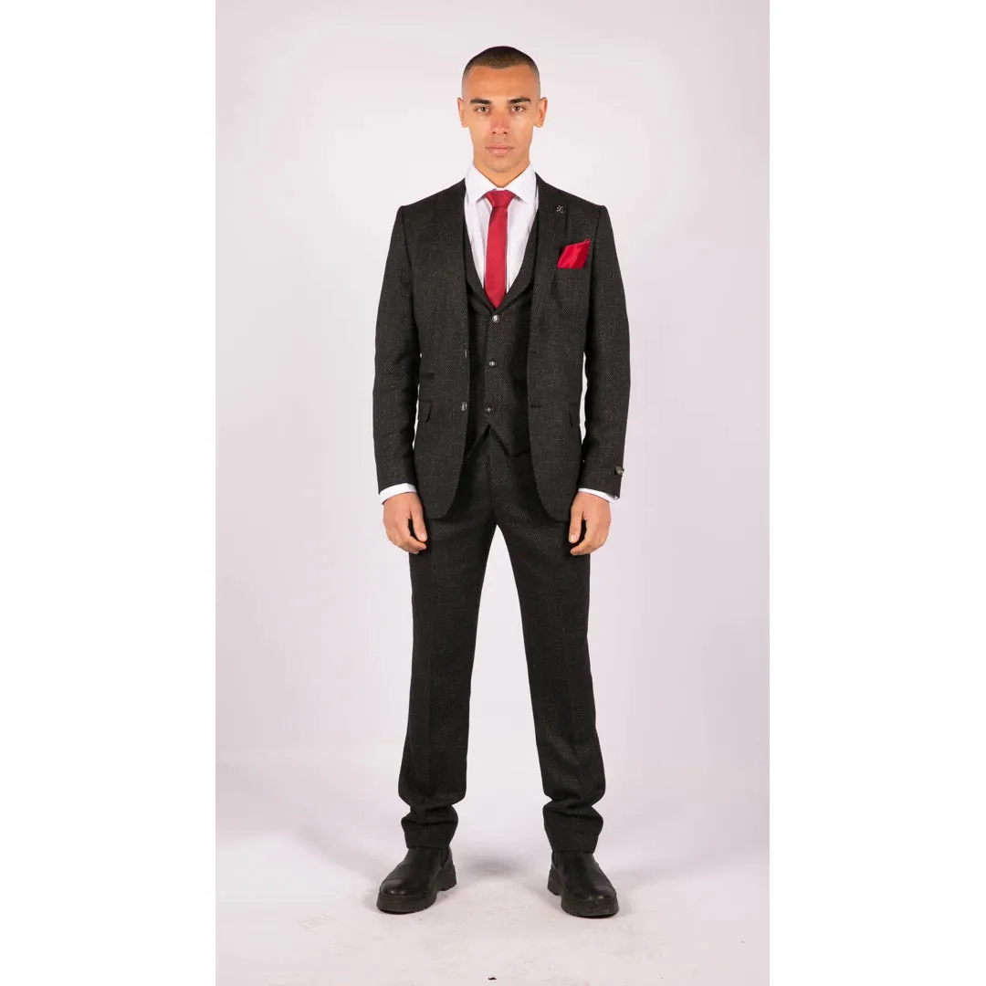 STZ14 - Men's Wool 3 Piece Suit Tweed Charcoal Black Classic