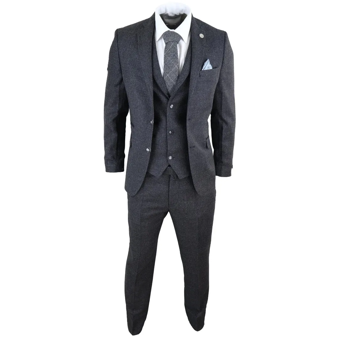 STZ14 - Men's Wool 3 Piece Suit Tweed Charcoal Black Classic