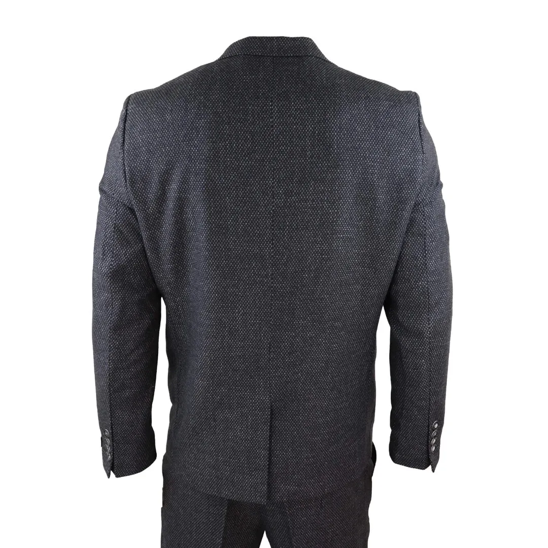 STZ14 - Men's Wool 3 Piece Suit Tweed Charcoal Black Classic
