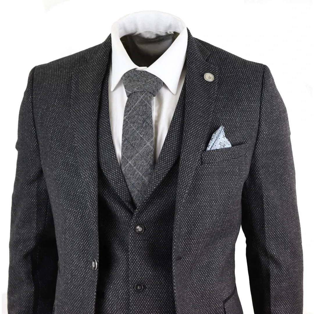 STZ14 - Men's Wool 3 Piece Suit Tweed Charcoal Black Classic