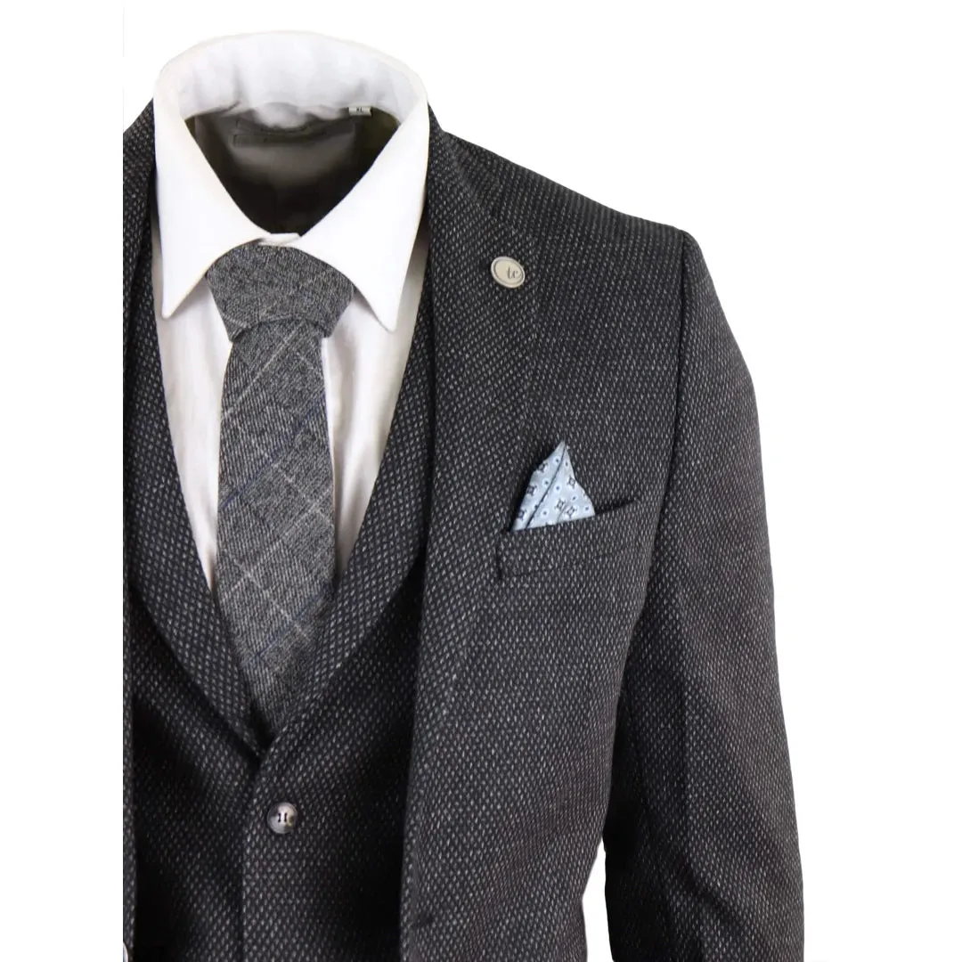 STZ14 - Men's Wool 3 Piece Suit Tweed Charcoal Black Classic