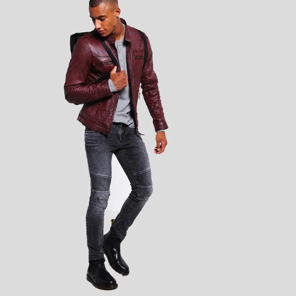 Timo Burgundy Leather Racer Jacket