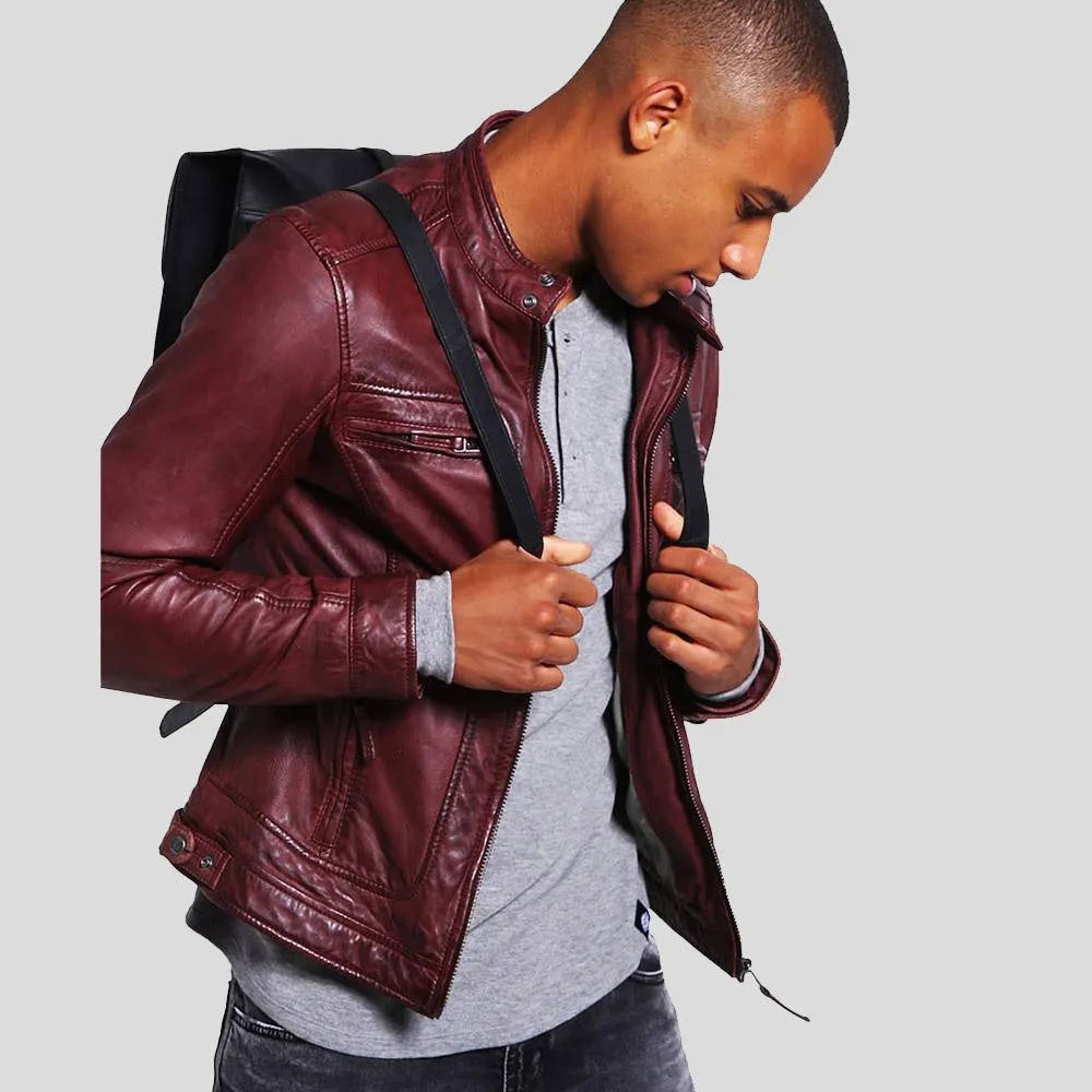 Timo Burgundy Leather Racer Jacket