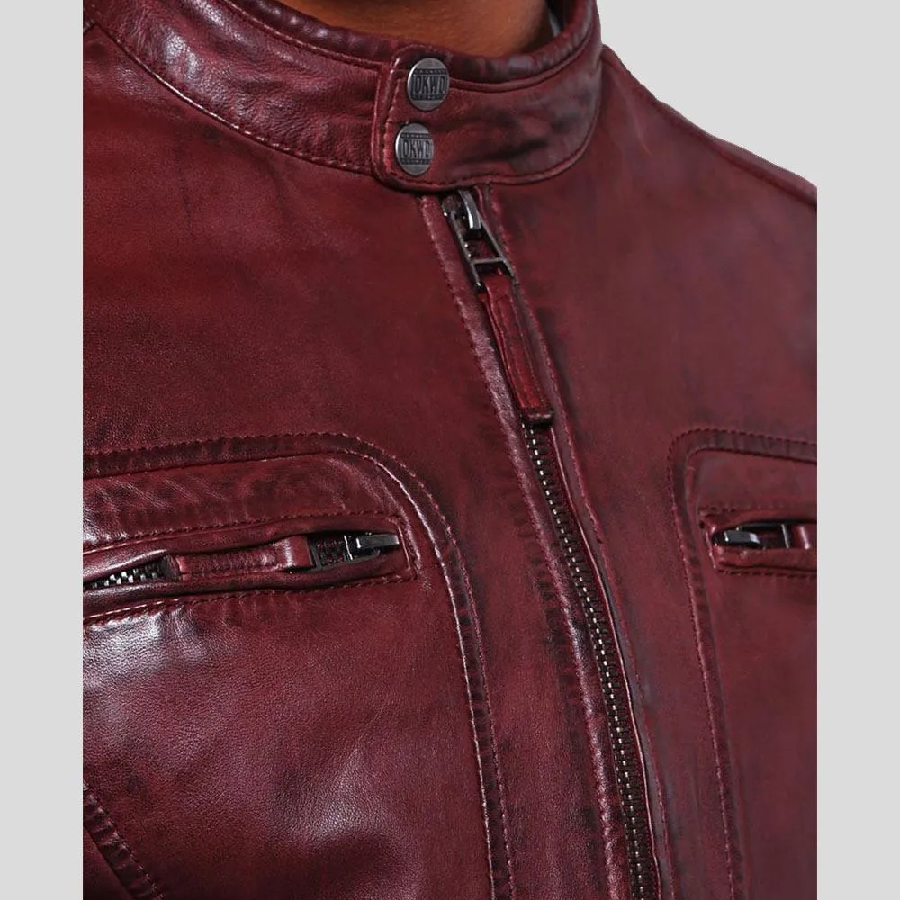 Timo Burgundy Leather Racer Jacket