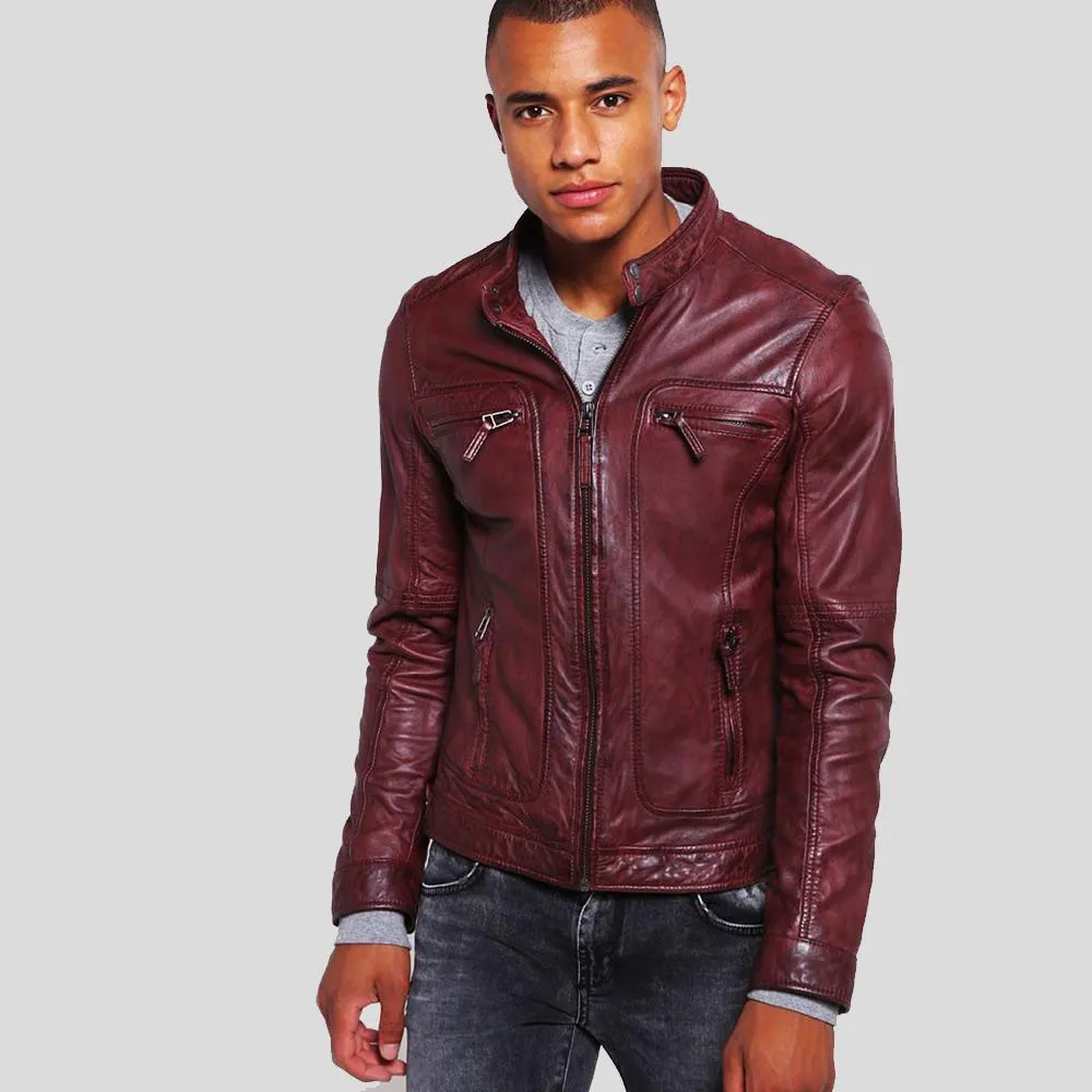 Timo Burgundy Leather Racer Jacket