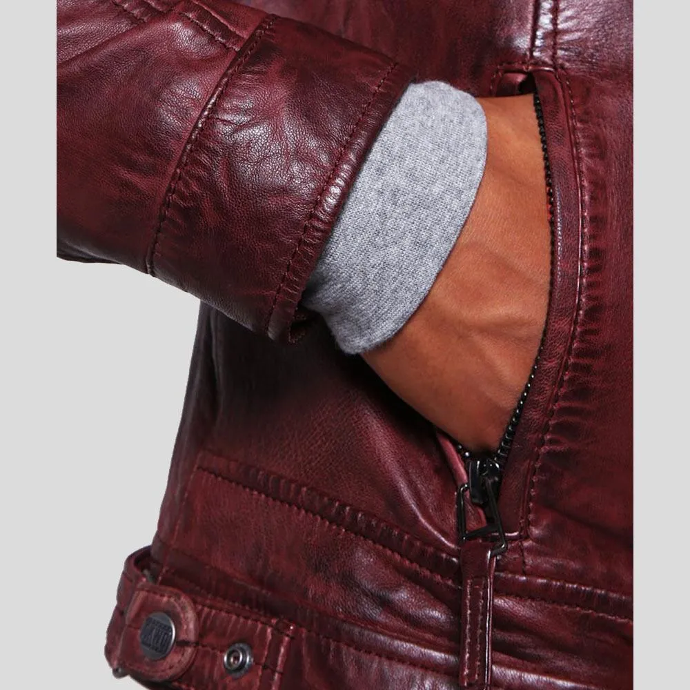 Timo Burgundy Leather Racer Jacket