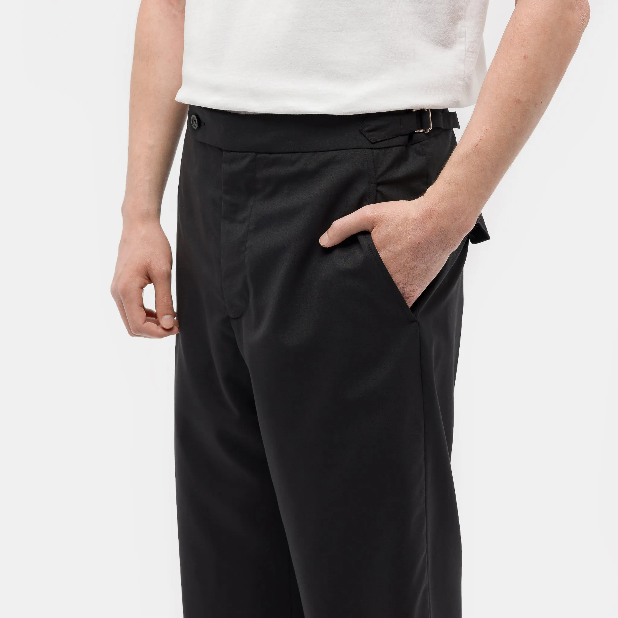 Tropical Wool Side Buckle Trousers in Black