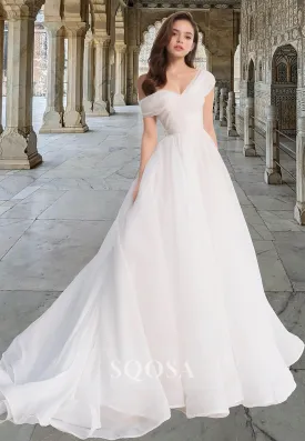 V-Neck Cap-Sleeves Strapless Bride Gowns Pleated Tulle A-Line Wedding Dress with Sweep Train