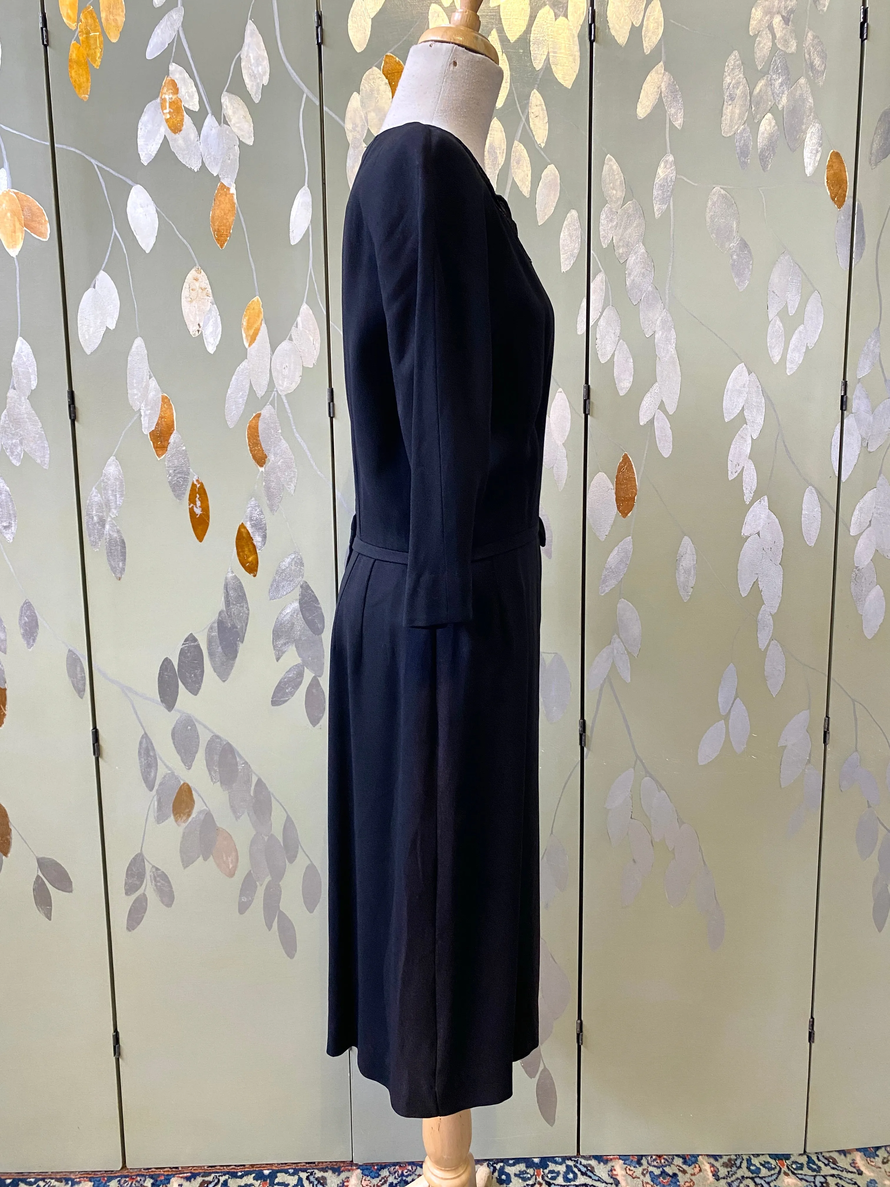 Vintage 1950s Black Crepe Sheath Dress with Velvet Neckline, Medium