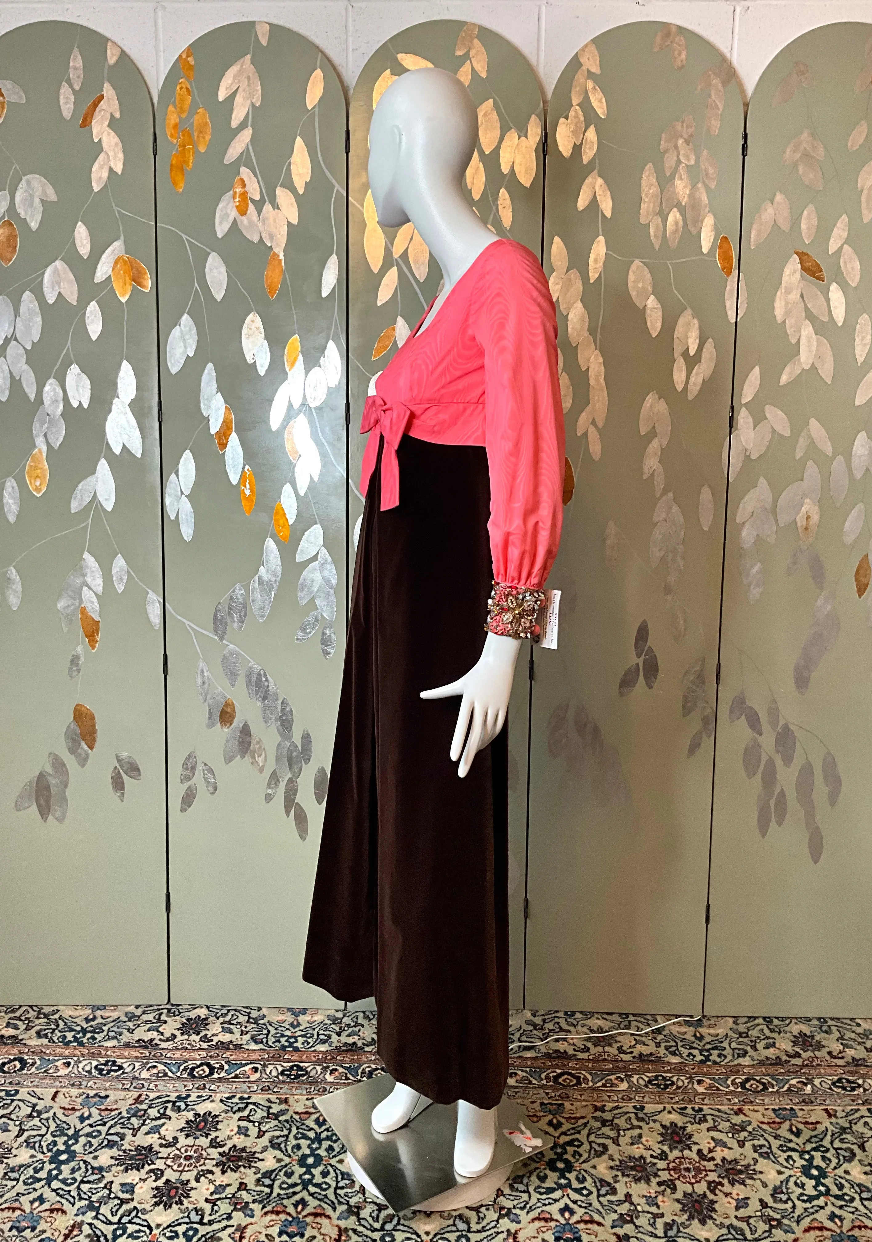 Vintage 1960s Pink Taffeta & Brown Velvet Empire Gown, Small