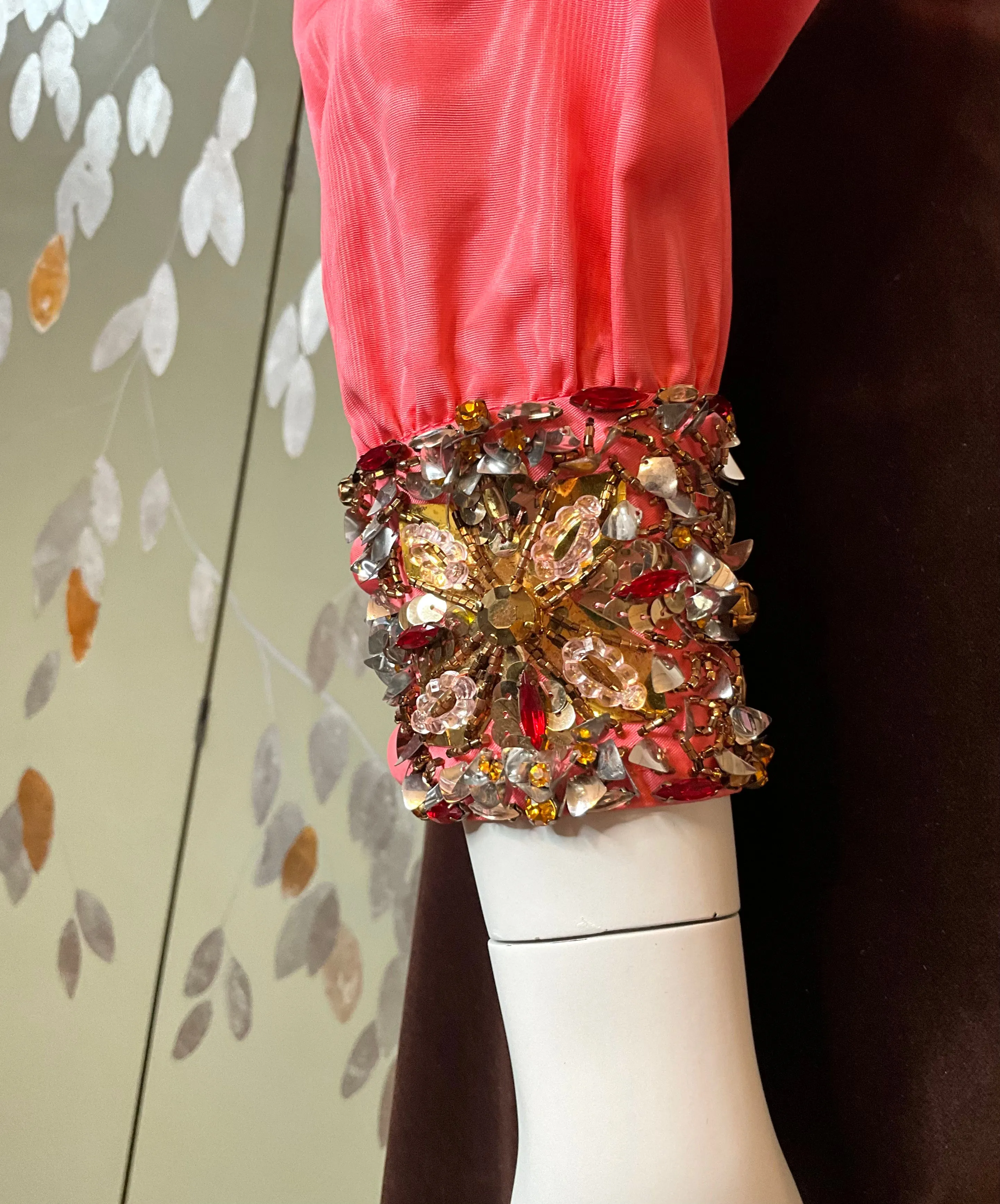 Vintage 1960s Pink Taffeta & Brown Velvet Empire Gown, Small