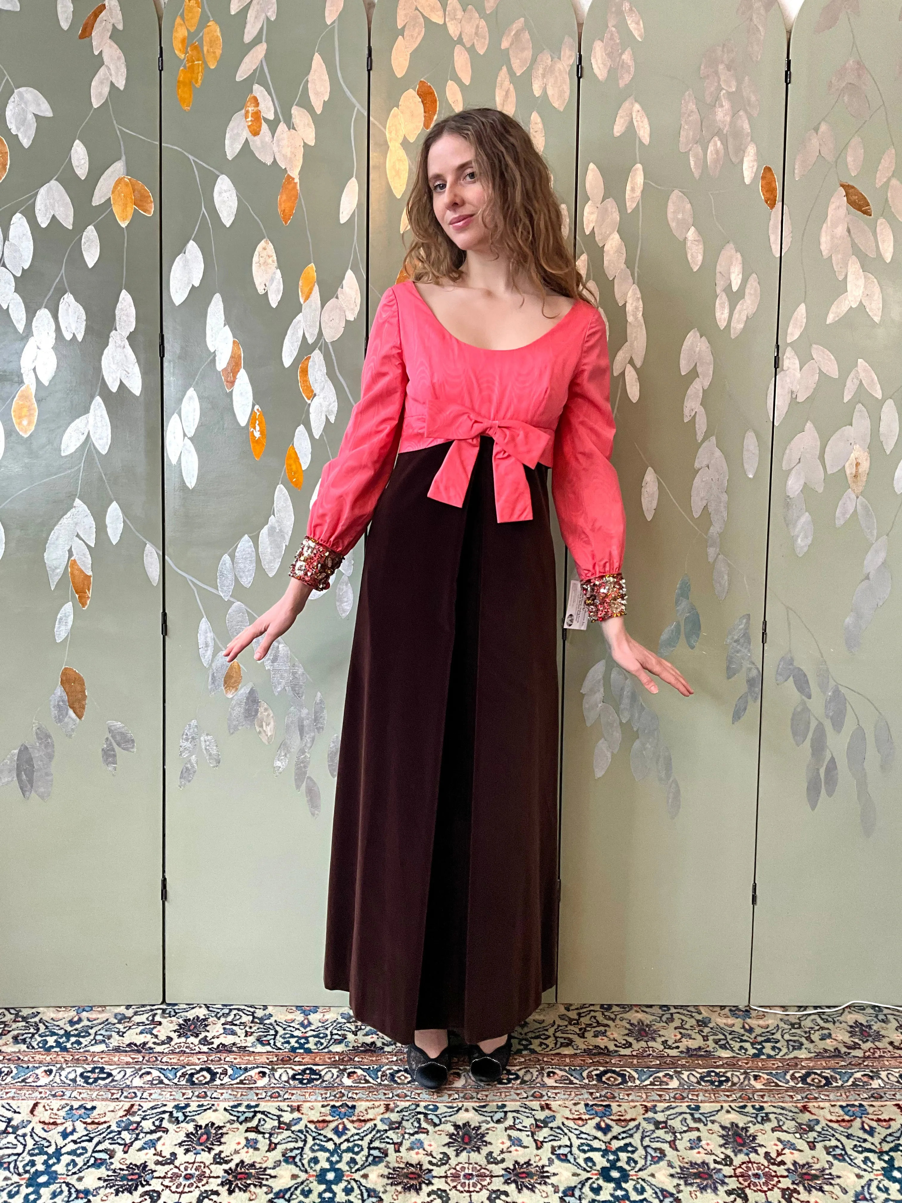 Vintage 1960s Pink Taffeta & Brown Velvet Empire Gown, Small