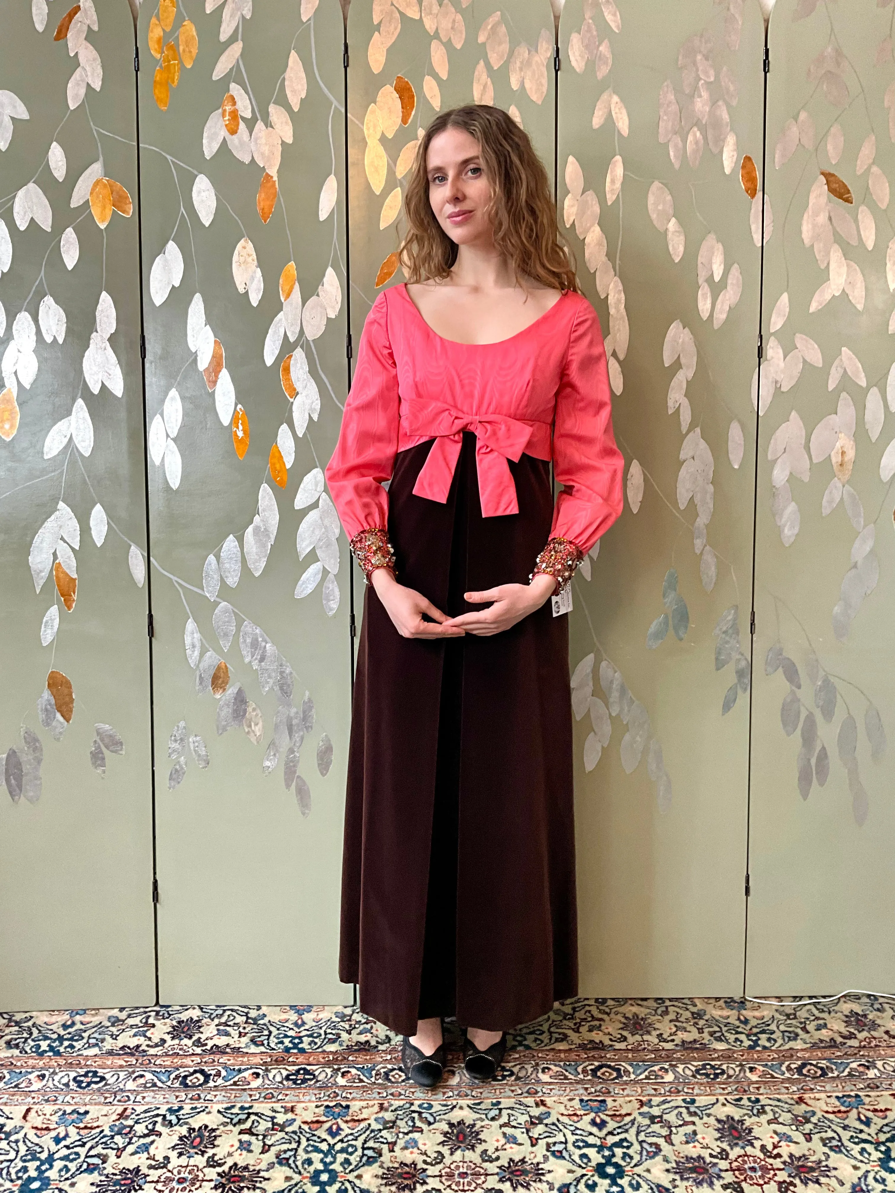 Vintage 1960s Pink Taffeta & Brown Velvet Empire Gown, Small