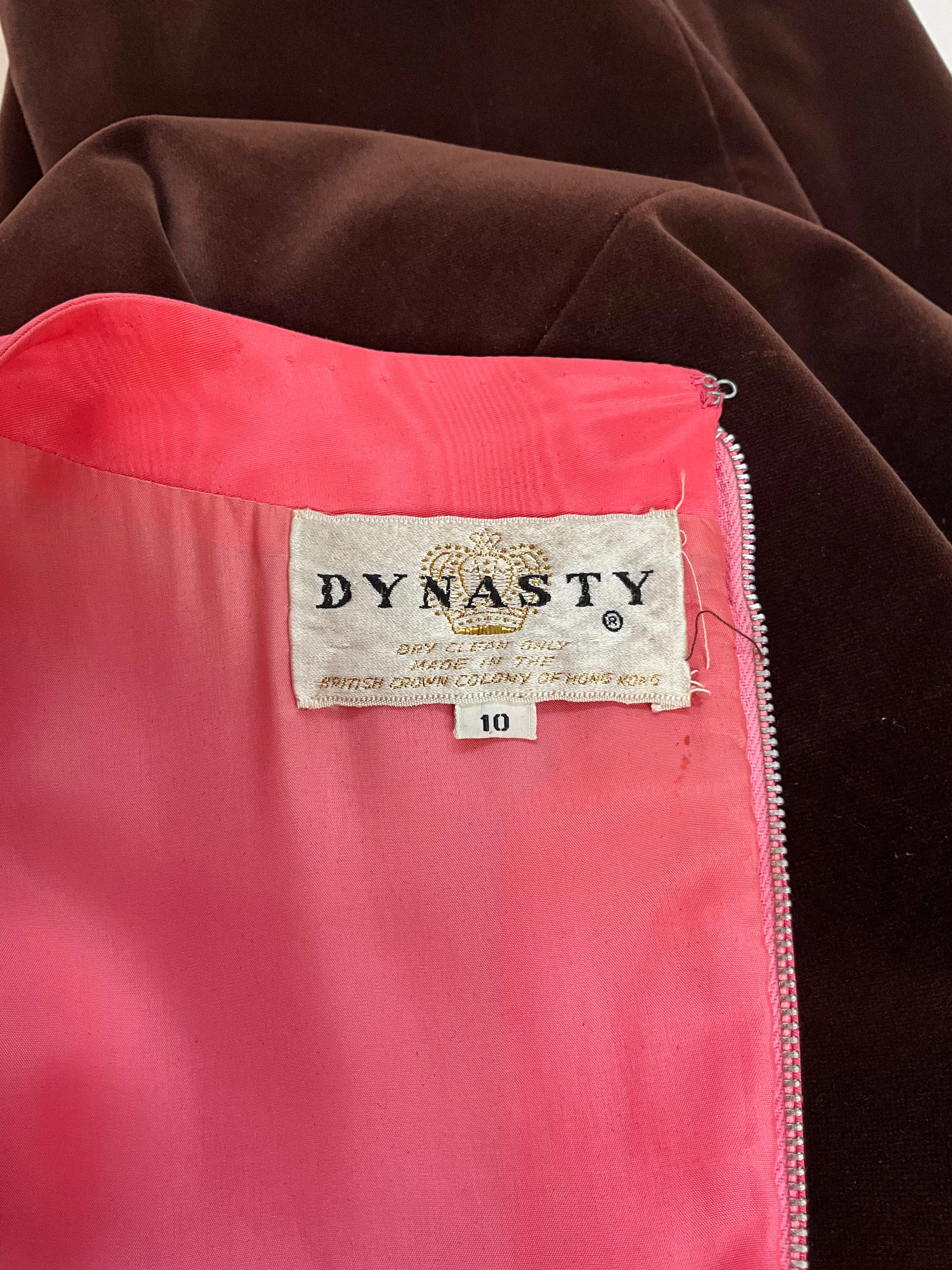 Vintage 1960s Pink Taffeta & Brown Velvet Empire Gown, Small