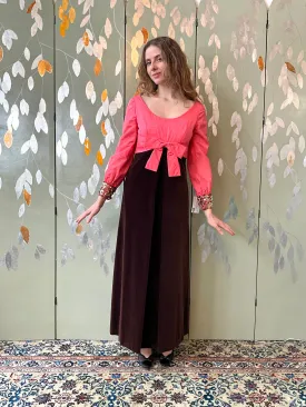 Vintage 1960s Pink Taffeta & Brown Velvet Empire Gown, Small