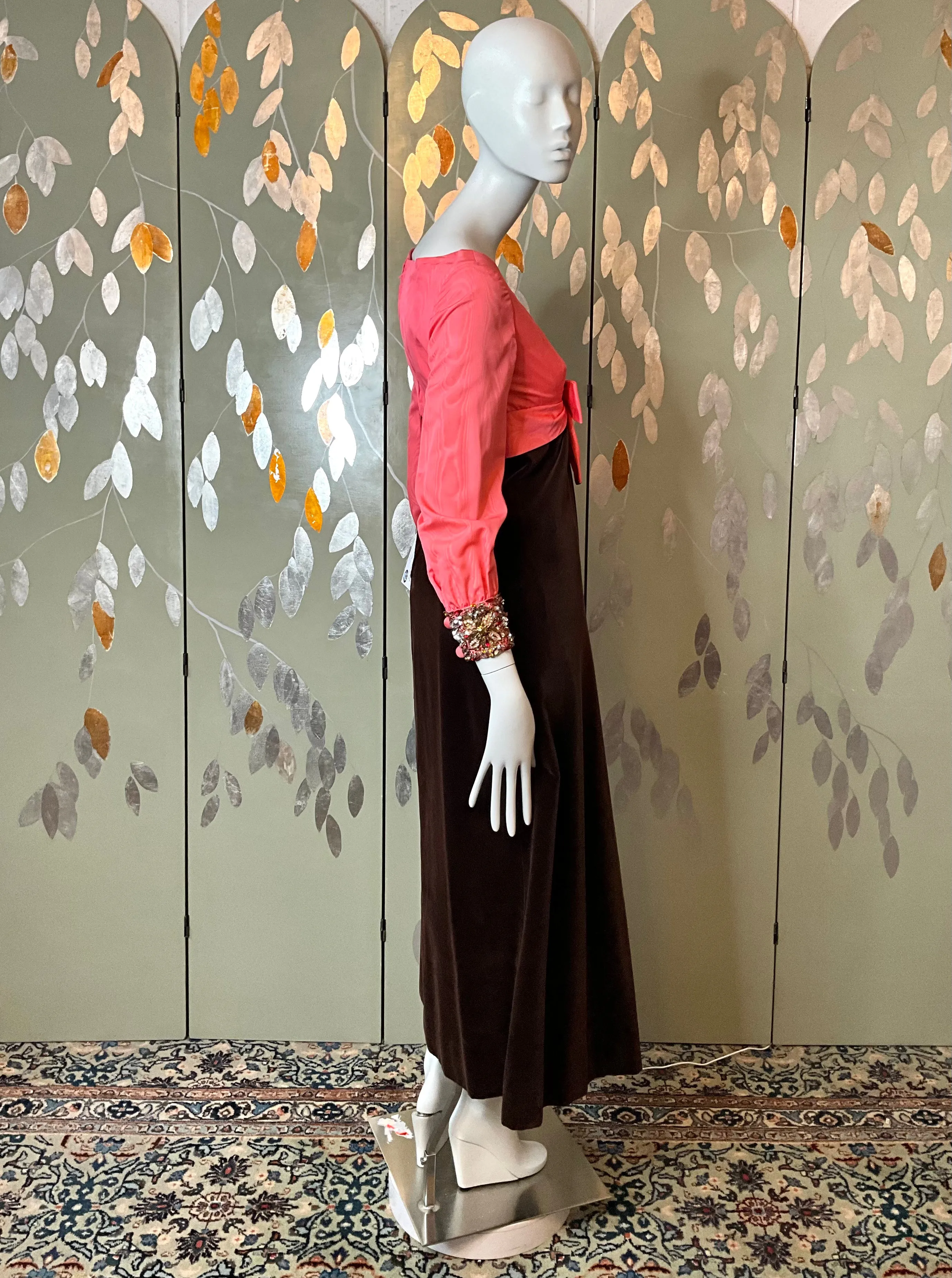 Vintage 1960s Pink Taffeta & Brown Velvet Empire Gown, Small