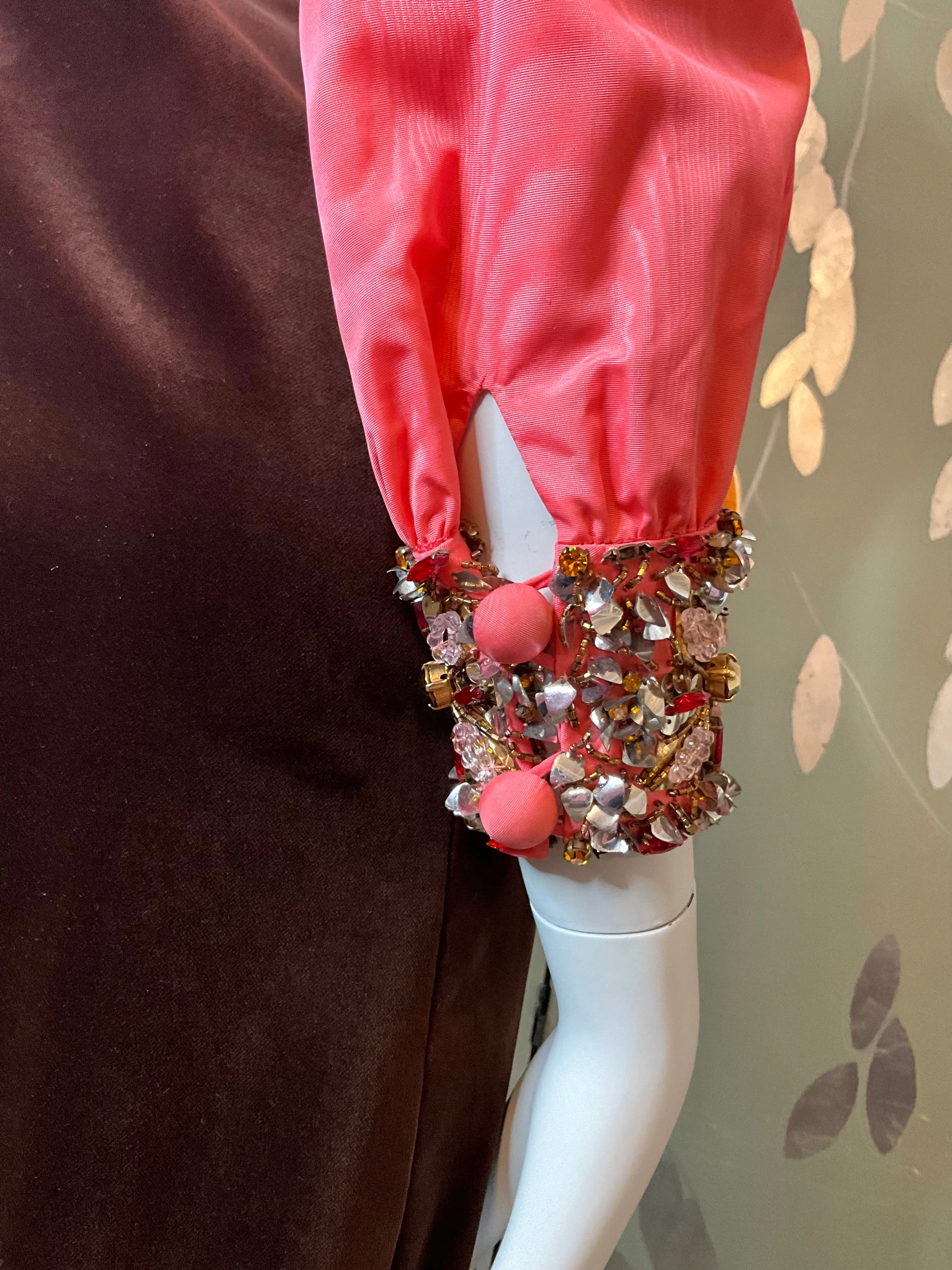 Vintage 1960s Pink Taffeta & Brown Velvet Empire Gown, Small