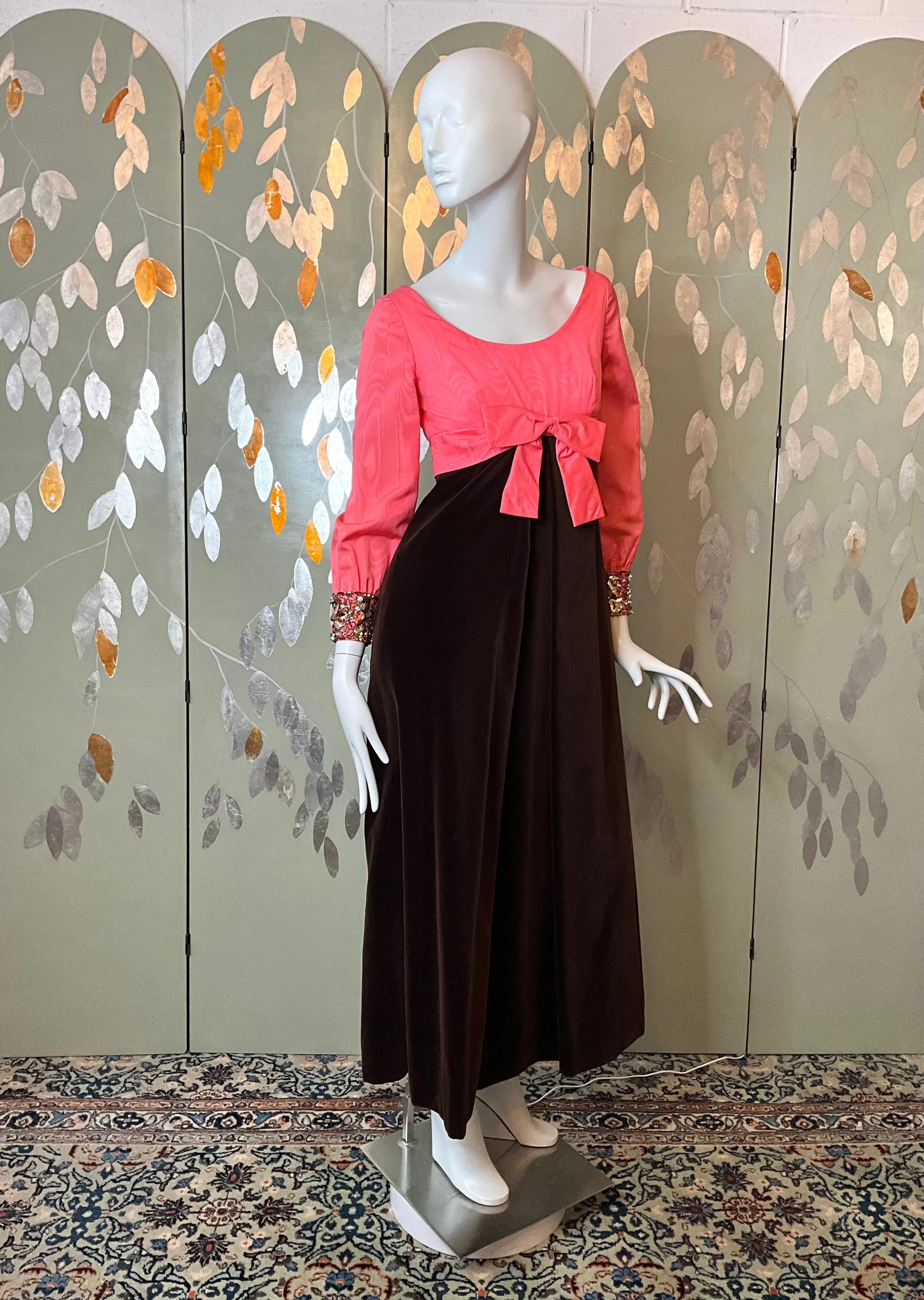 Vintage 1960s Pink Taffeta & Brown Velvet Empire Gown, Small