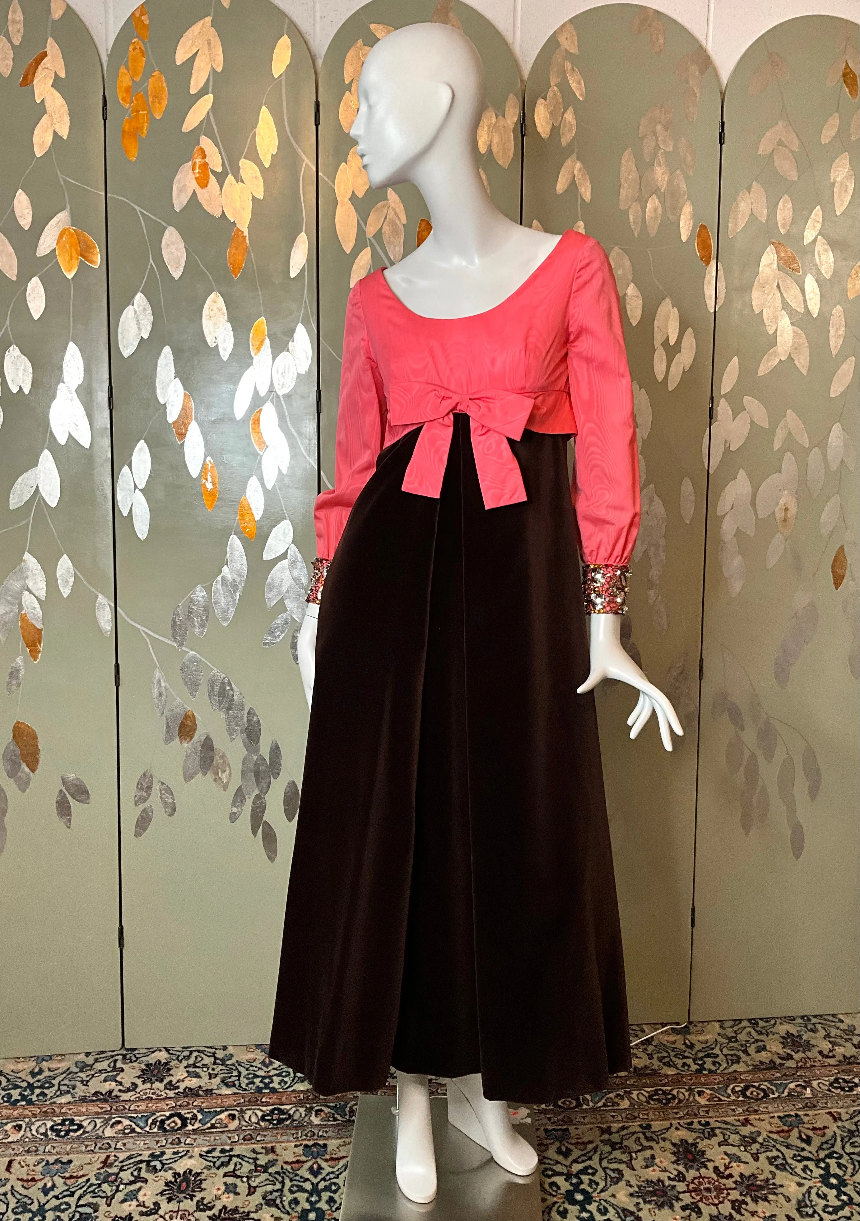 Vintage 1960s Pink Taffeta & Brown Velvet Empire Gown, Small