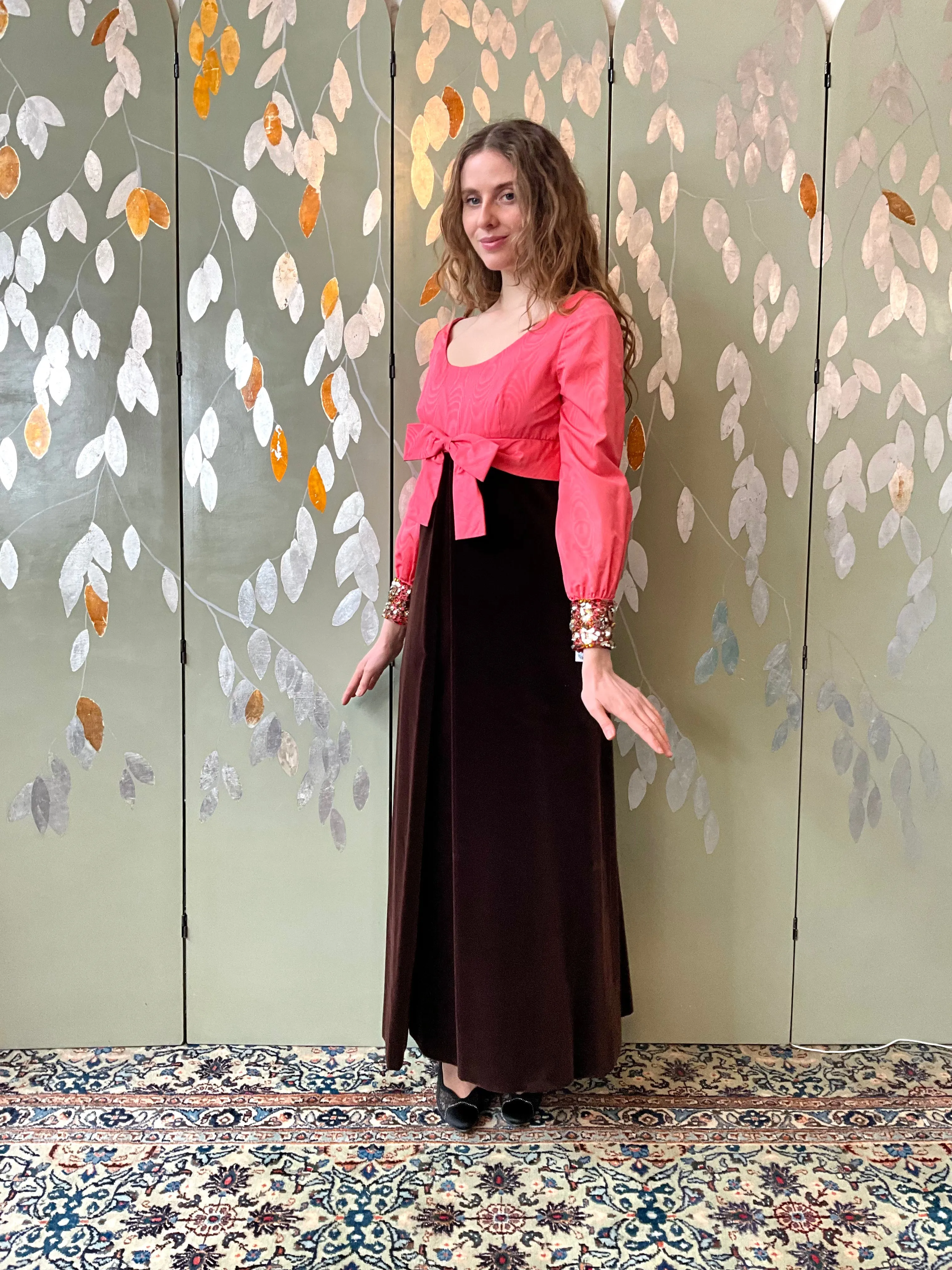 Vintage 1960s Pink Taffeta & Brown Velvet Empire Gown, Small