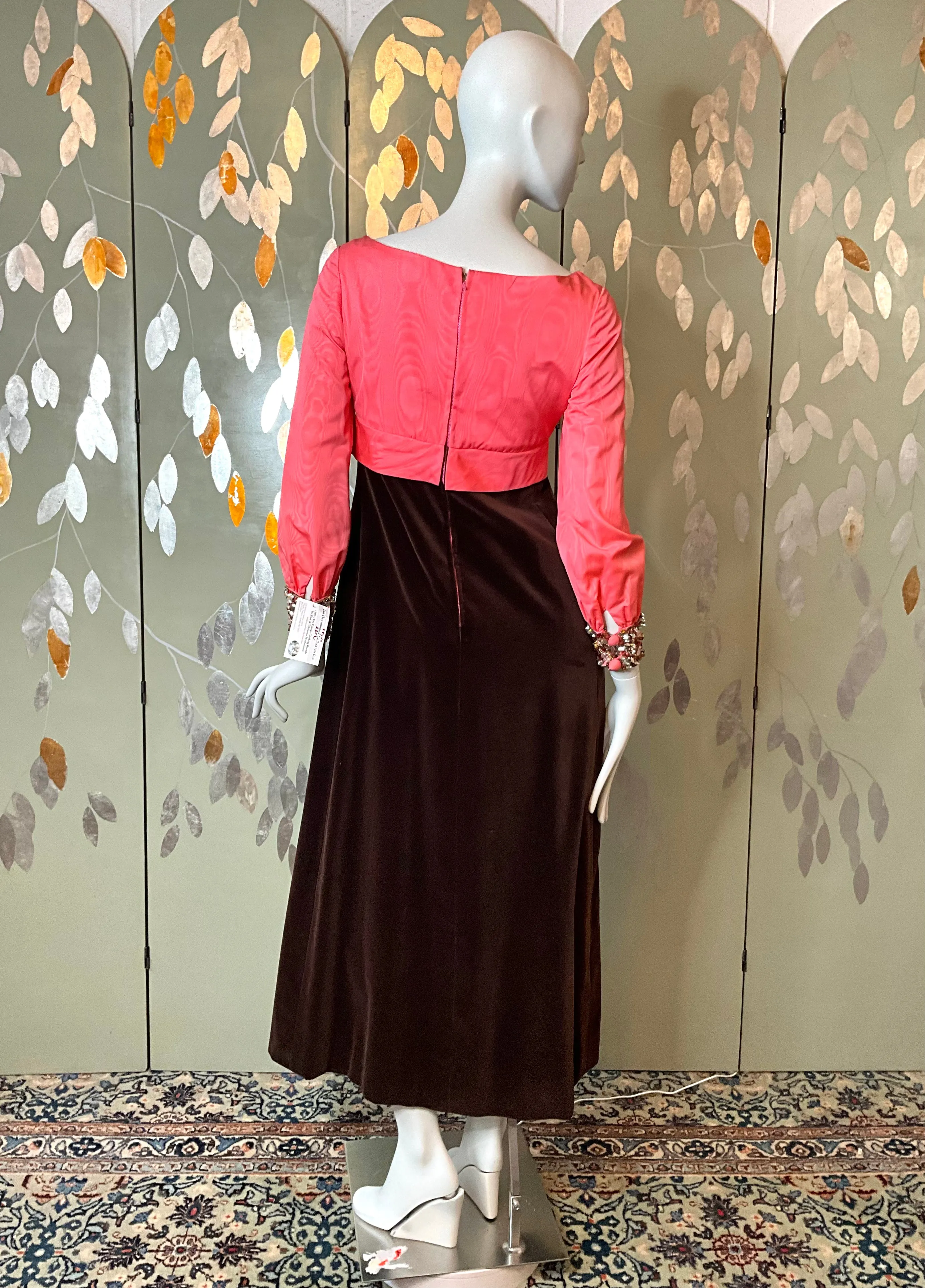 Vintage 1960s Pink Taffeta & Brown Velvet Empire Gown, Small