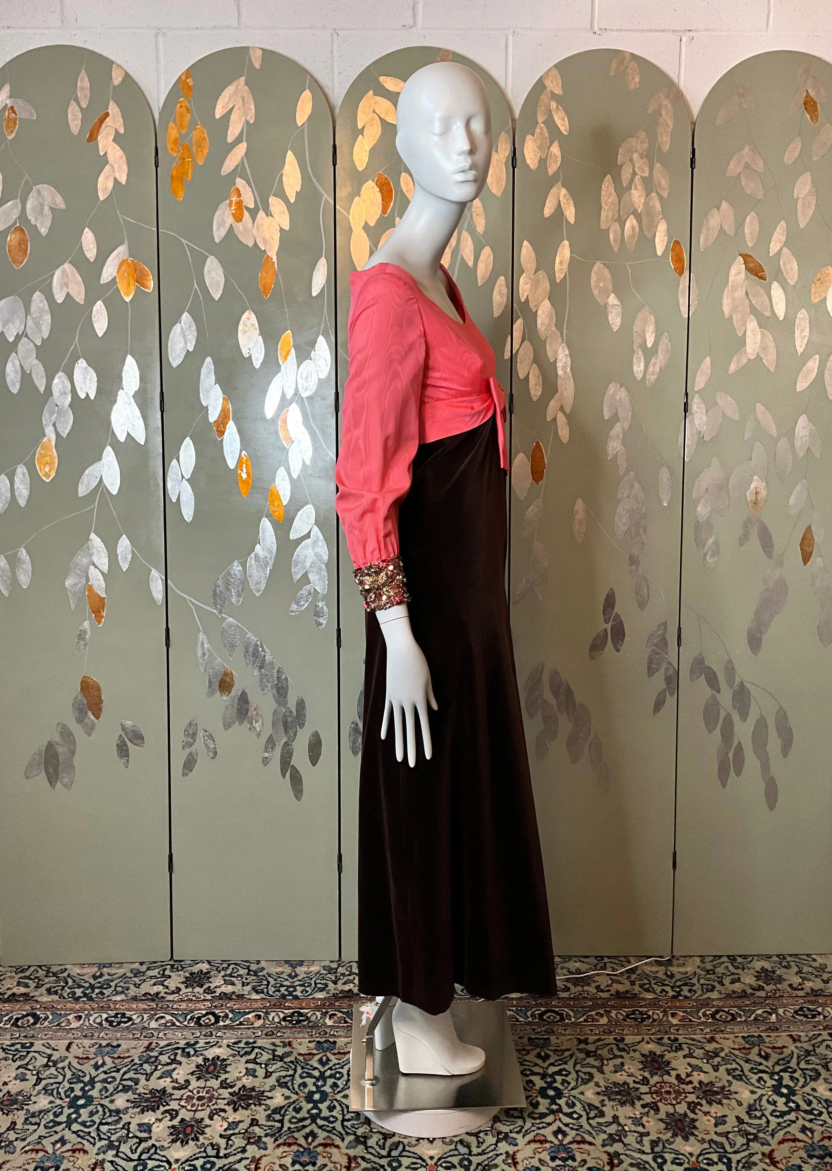 Vintage 1960s Pink Taffeta & Brown Velvet Empire Gown, Small