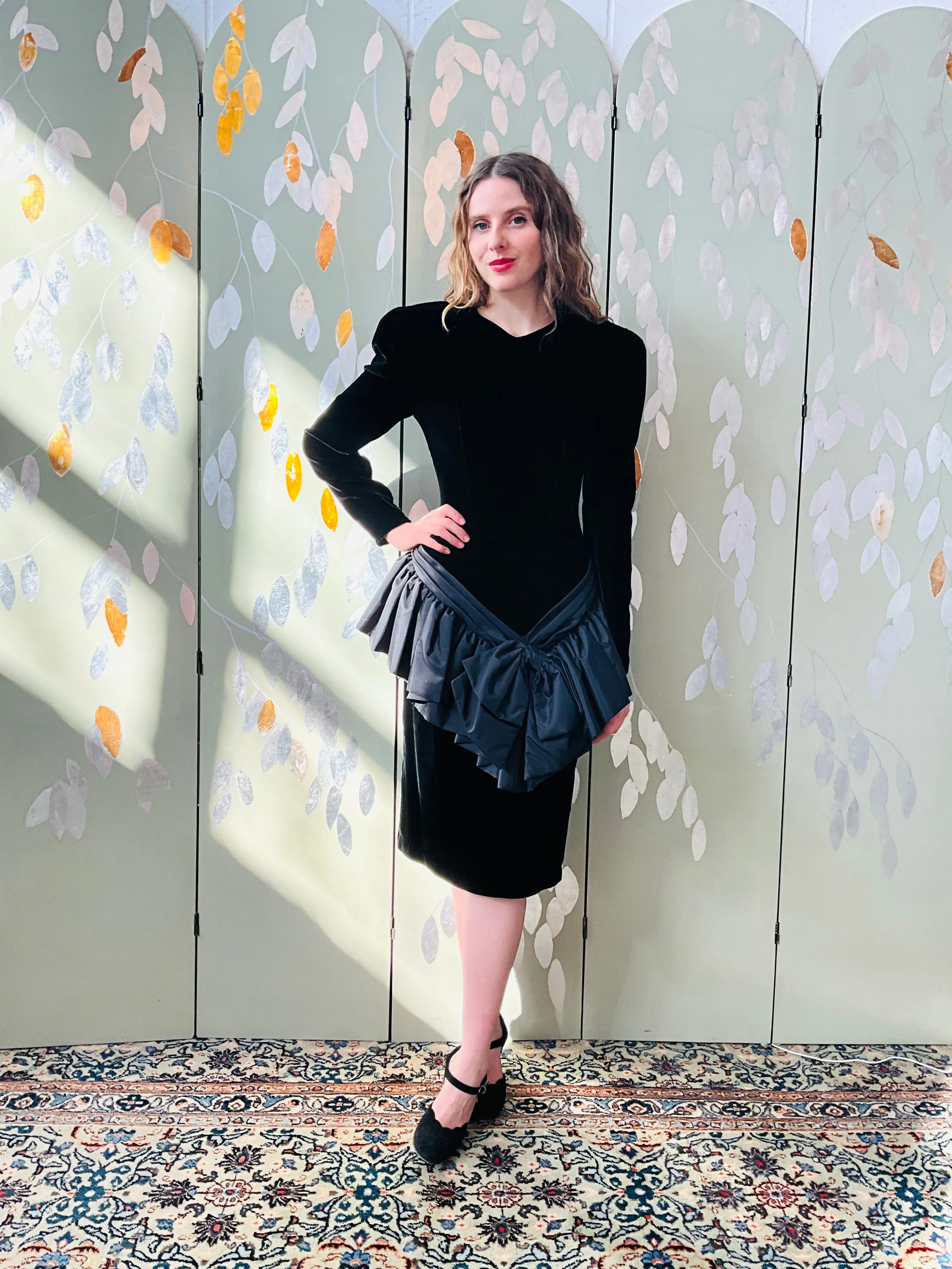 Vintage 1980s Black Long Sleeve Velvet Cocktail Dress with Taffeta Bow, Wayne Clark, Small