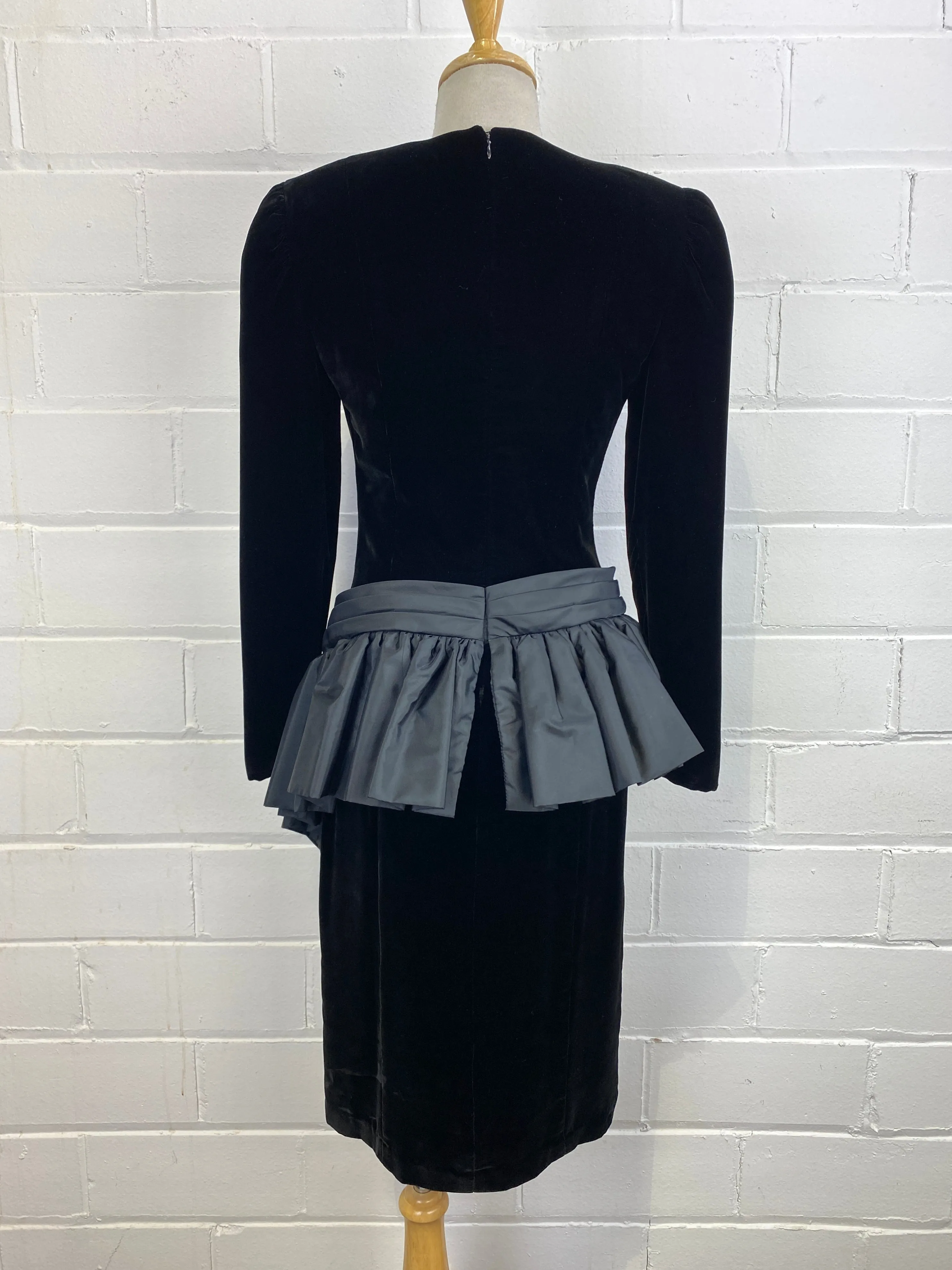 Vintage 1980s Black Long Sleeve Velvet Cocktail Dress with Taffeta Bow, Wayne Clark, Small