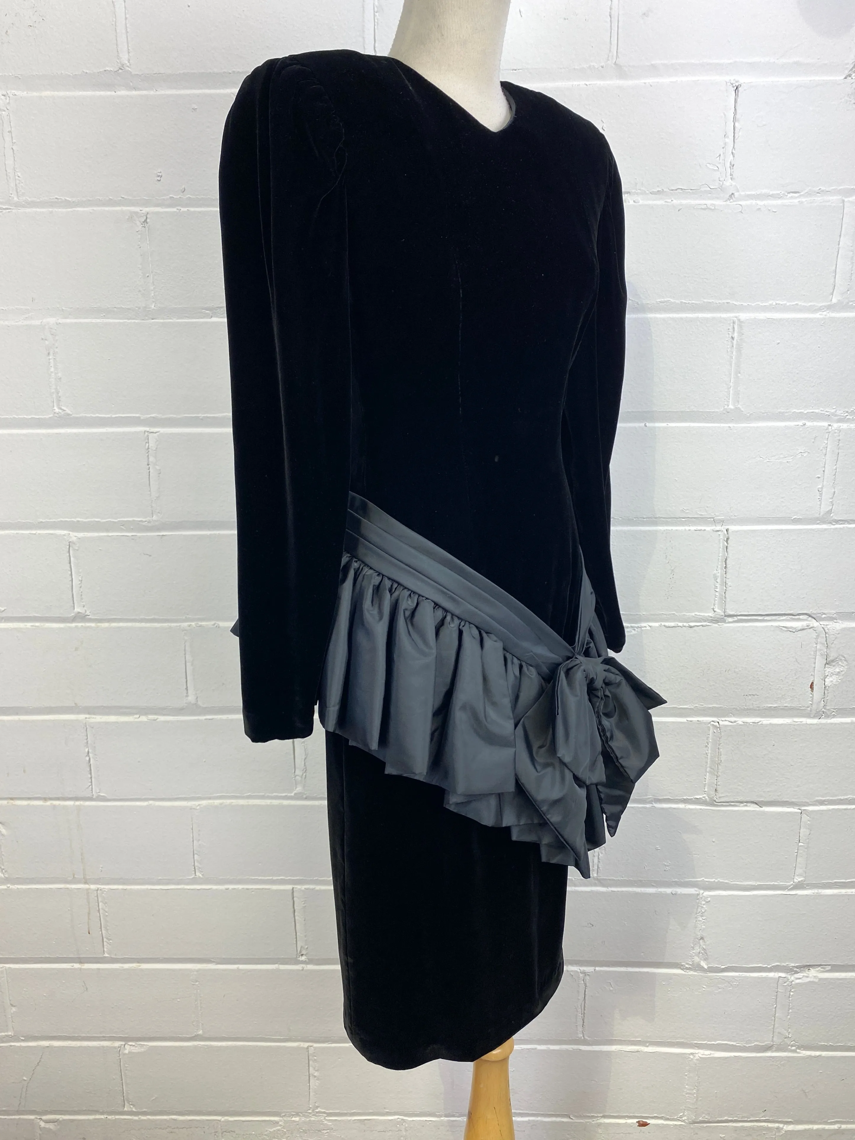 Vintage 1980s Black Long Sleeve Velvet Cocktail Dress with Taffeta Bow, Wayne Clark, Small