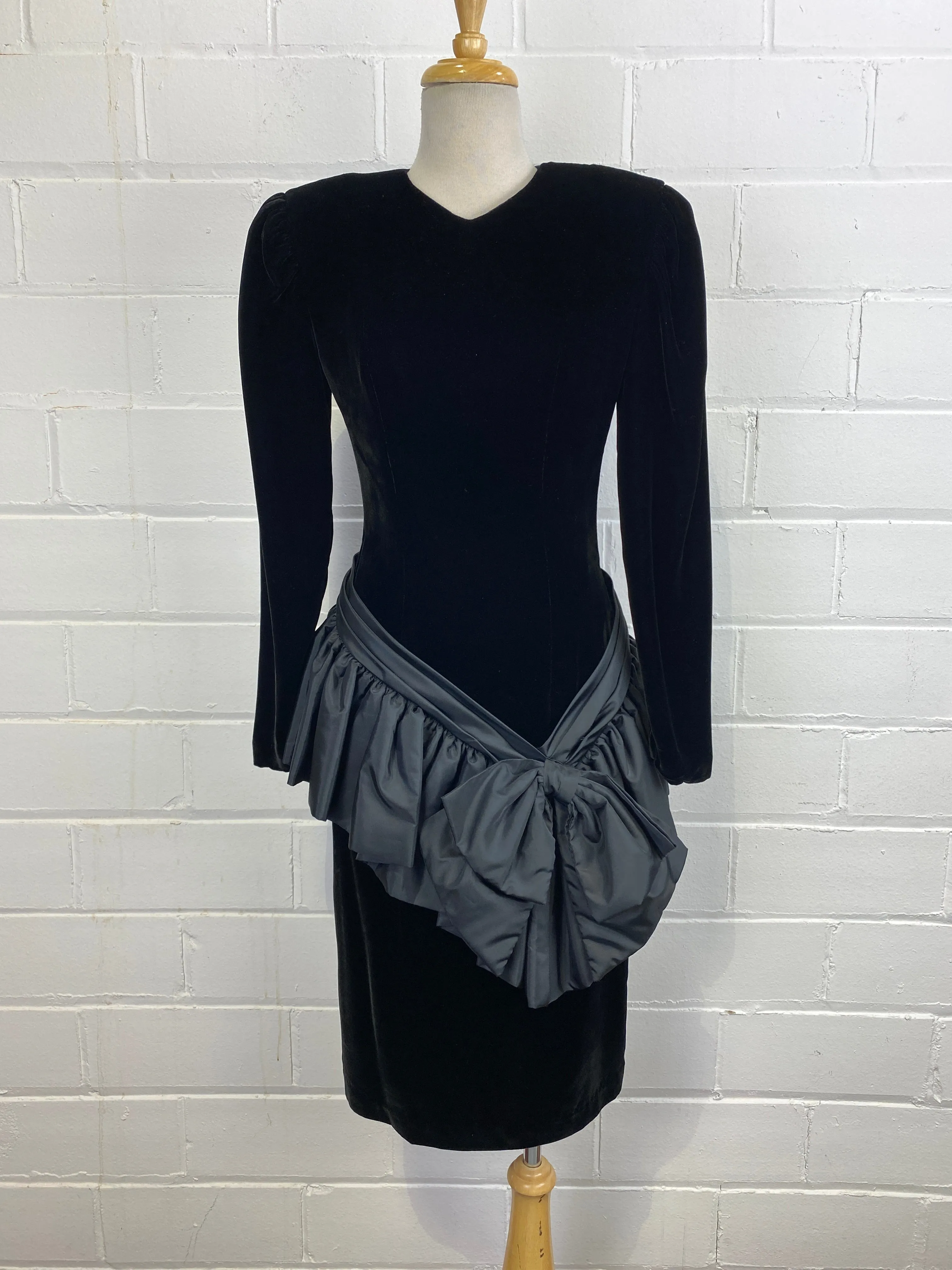 Vintage 1980s Black Long Sleeve Velvet Cocktail Dress with Taffeta Bow, Wayne Clark, Small