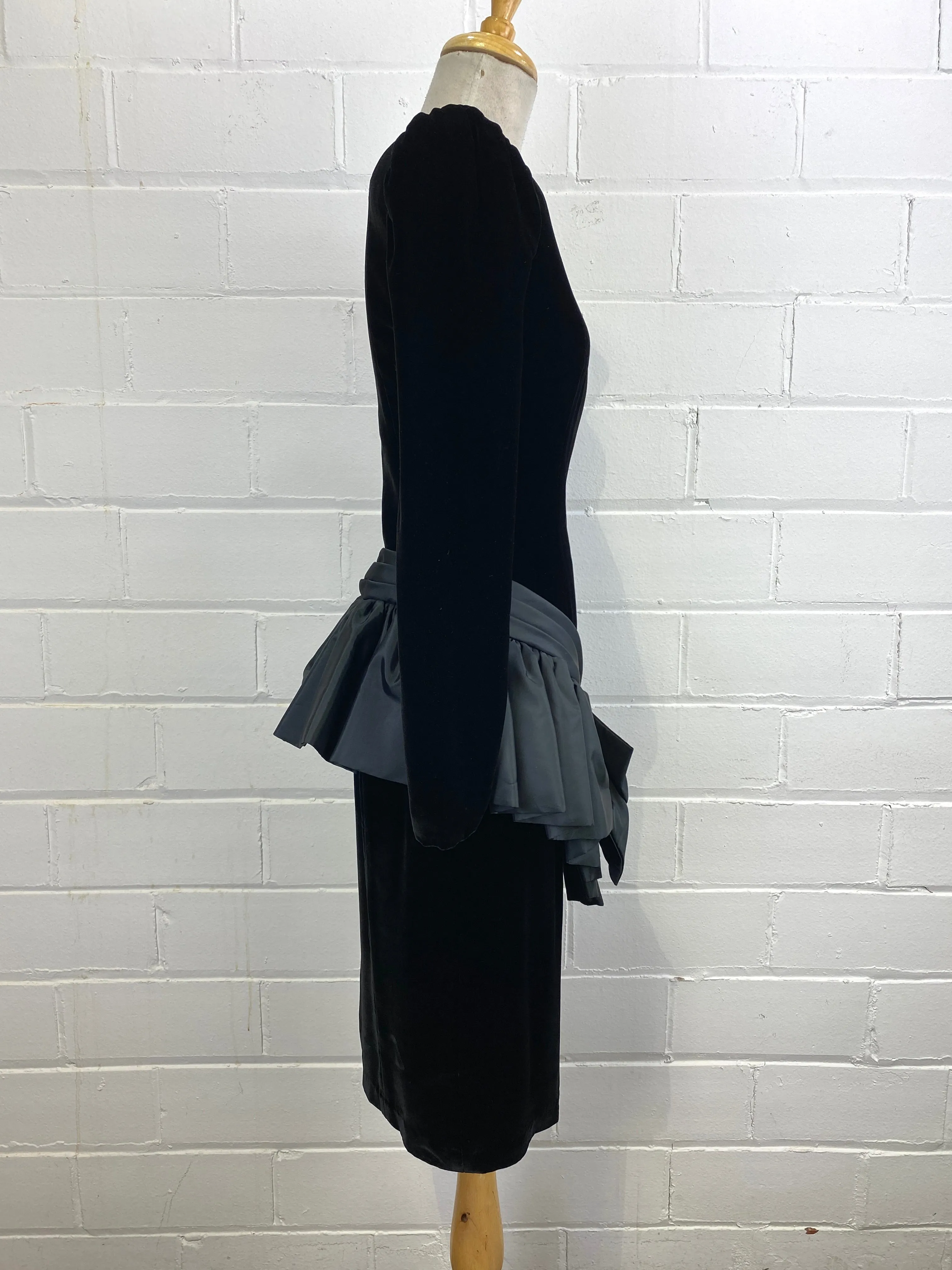 Vintage 1980s Black Long Sleeve Velvet Cocktail Dress with Taffeta Bow, Wayne Clark, Small